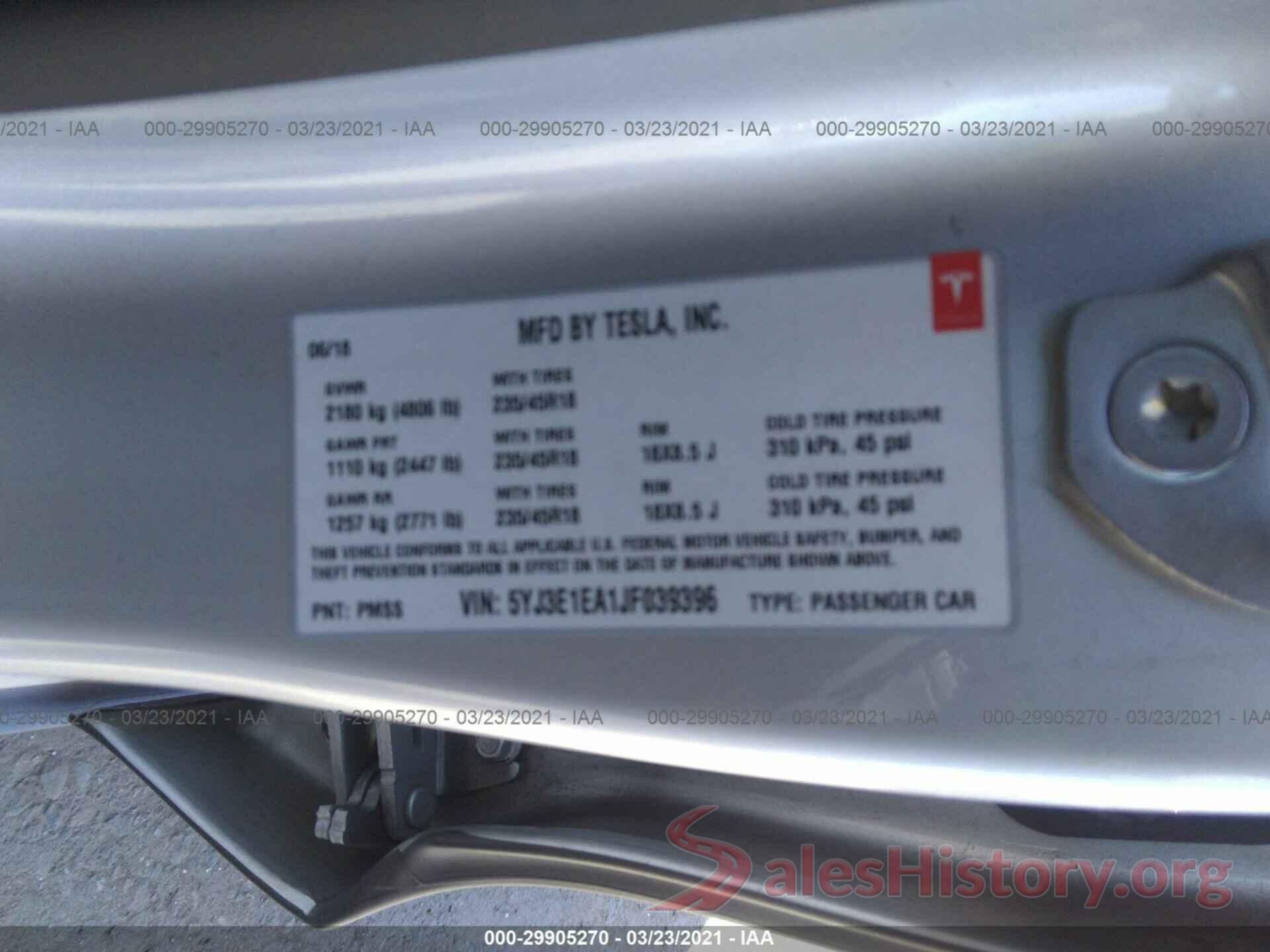 5YJ3E1EA1JF039396 2018 TESLA MODEL 3