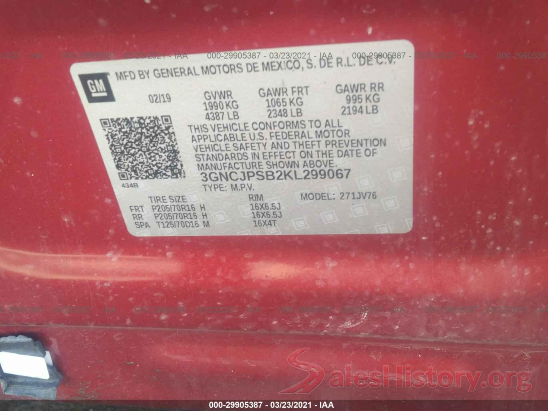 3GNCJPSB2KL299067 2019 CHEVROLET TRAX