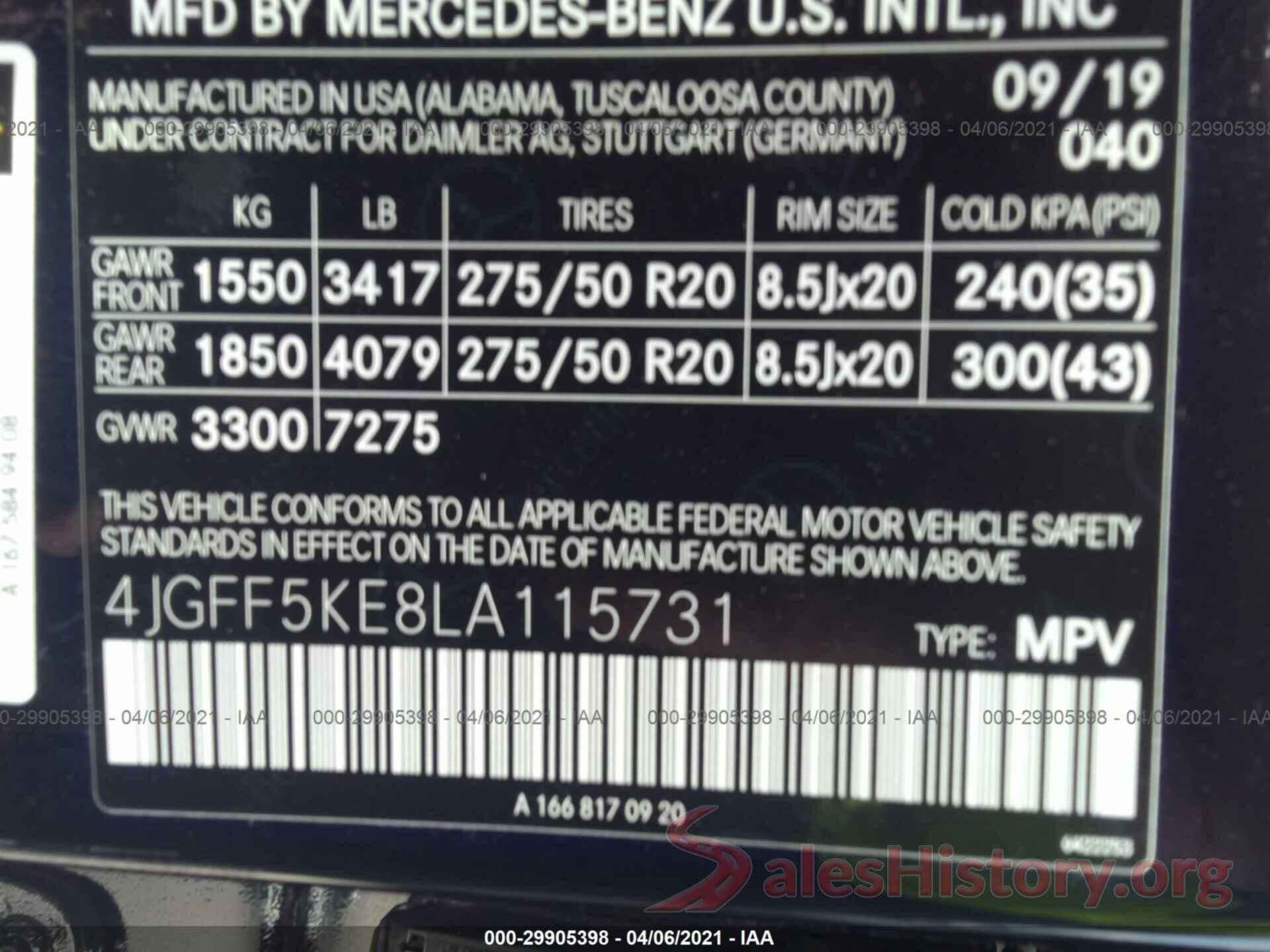 4JGFF5KE8LA115731 2020 MERCEDES-BENZ GLS