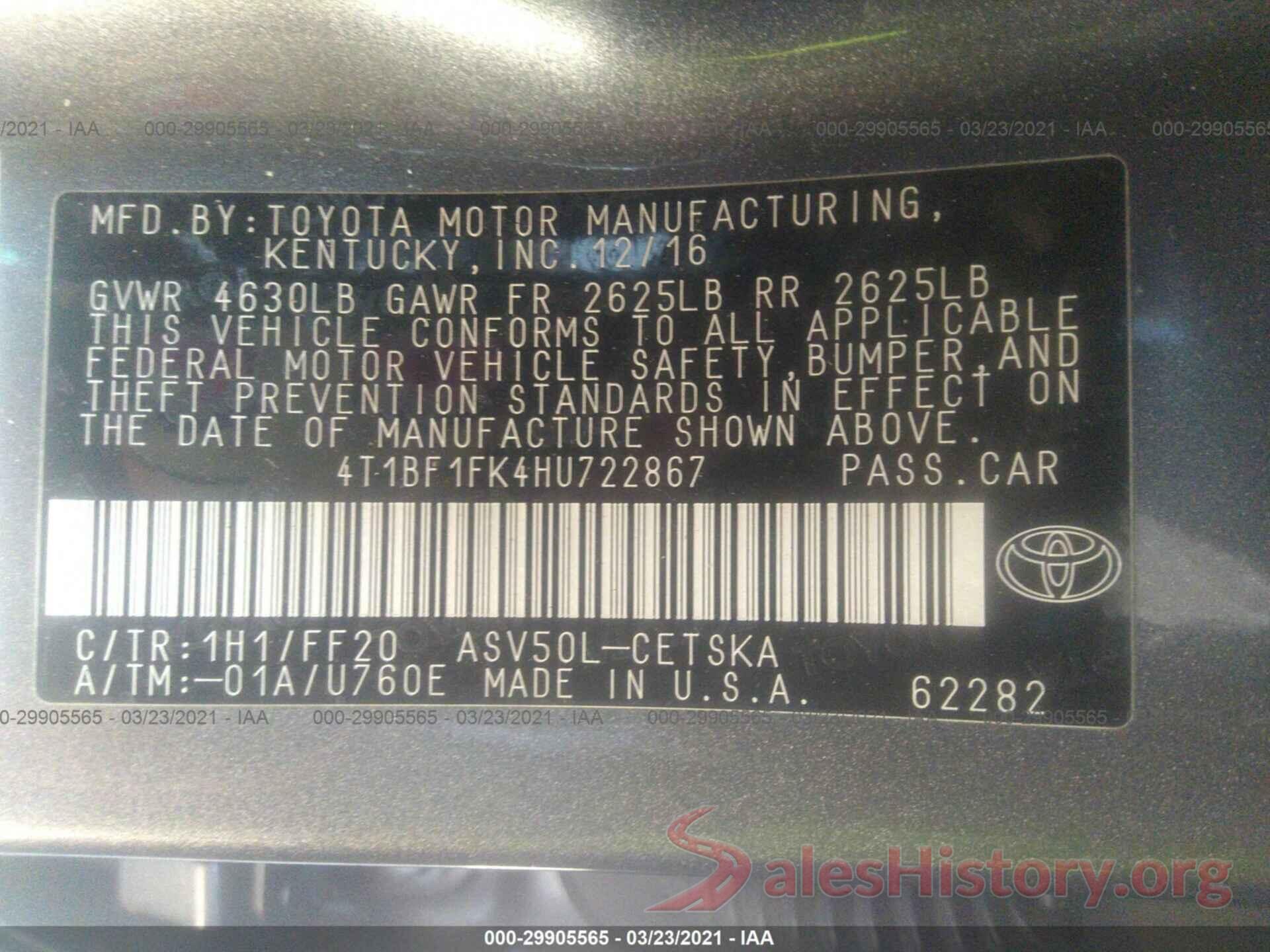 4T1BF1FK4HU722867 2017 TOYOTA CAMRY