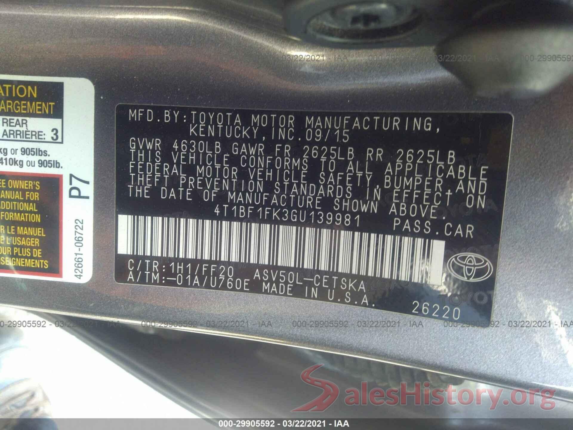 4T1BF1FK3GU139981 2016 TOYOTA CAMRY