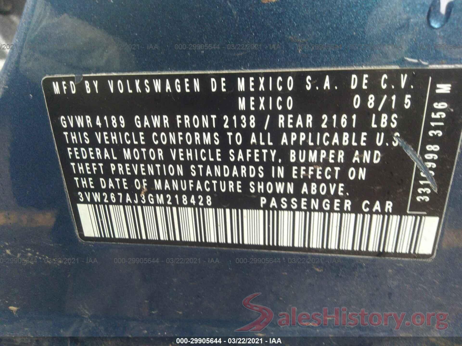 3VW267AJ3GM218428 2016 VOLKSWAGEN JETTA SEDAN