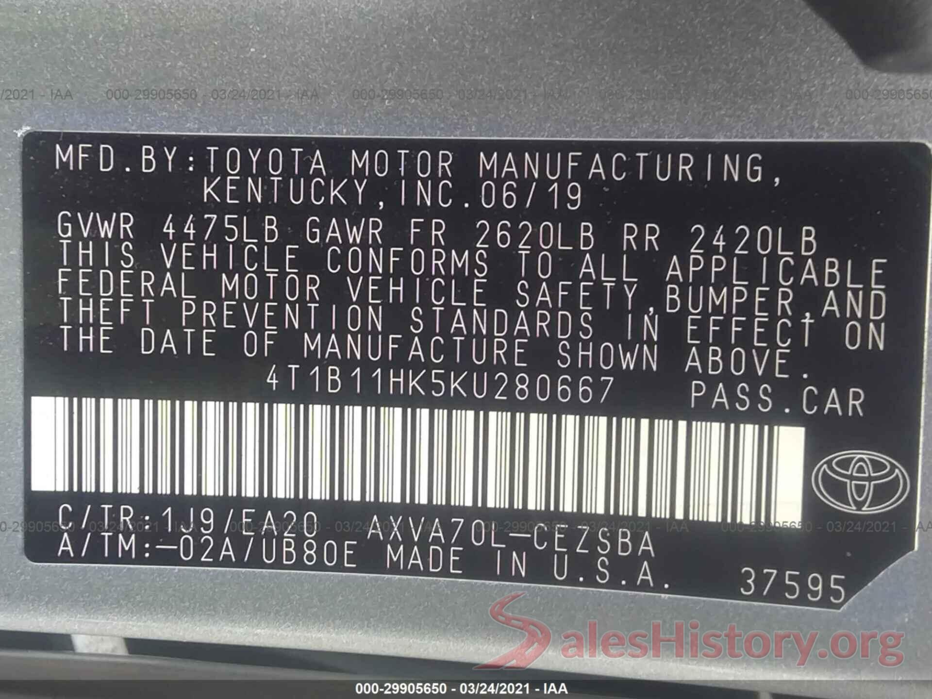 4T1B11HK5KU280667 2019 TOYOTA CAMRY