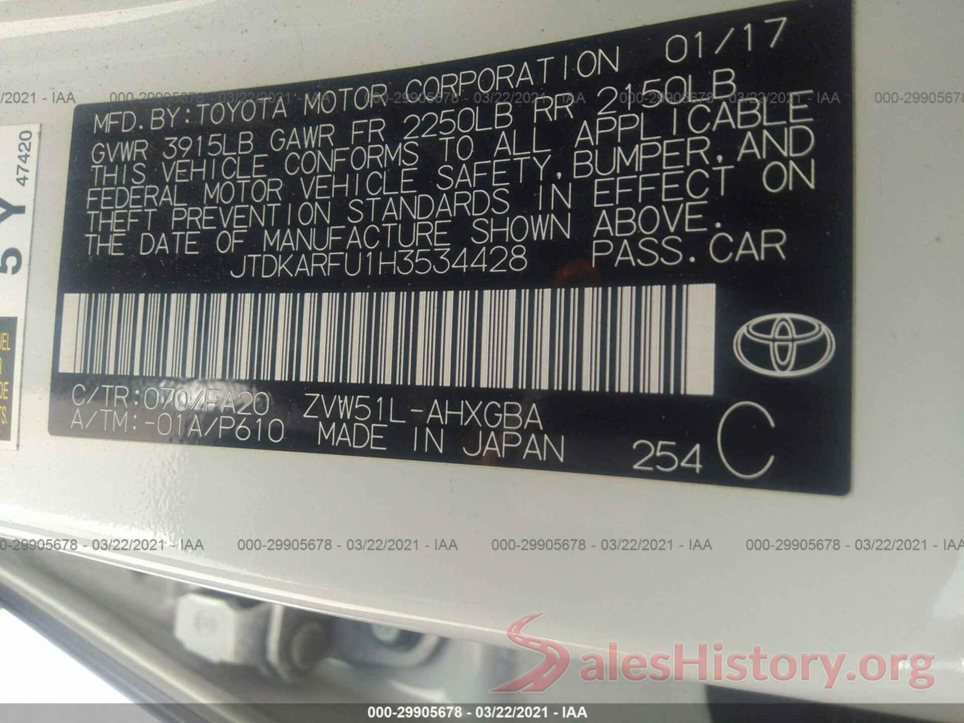 JTDKARFU1H3534428 2017 TOYOTA PRIUS