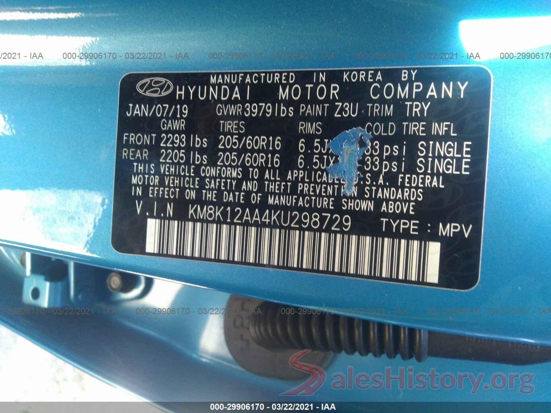 KM8K12AA4KU298729 2019 HYUNDAI KONA