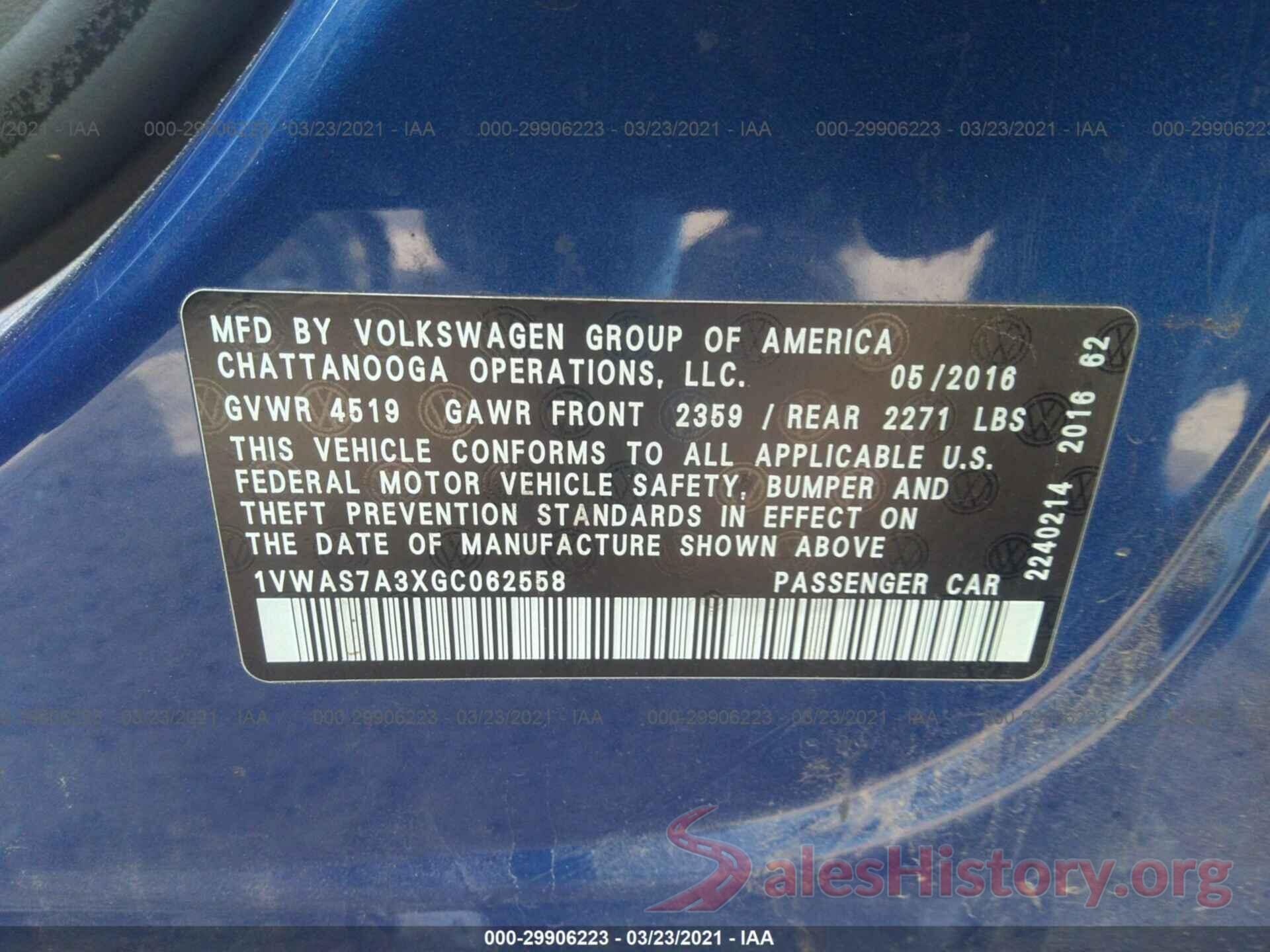 1VWAS7A3XGC062558 2016 VOLKSWAGEN PASSAT