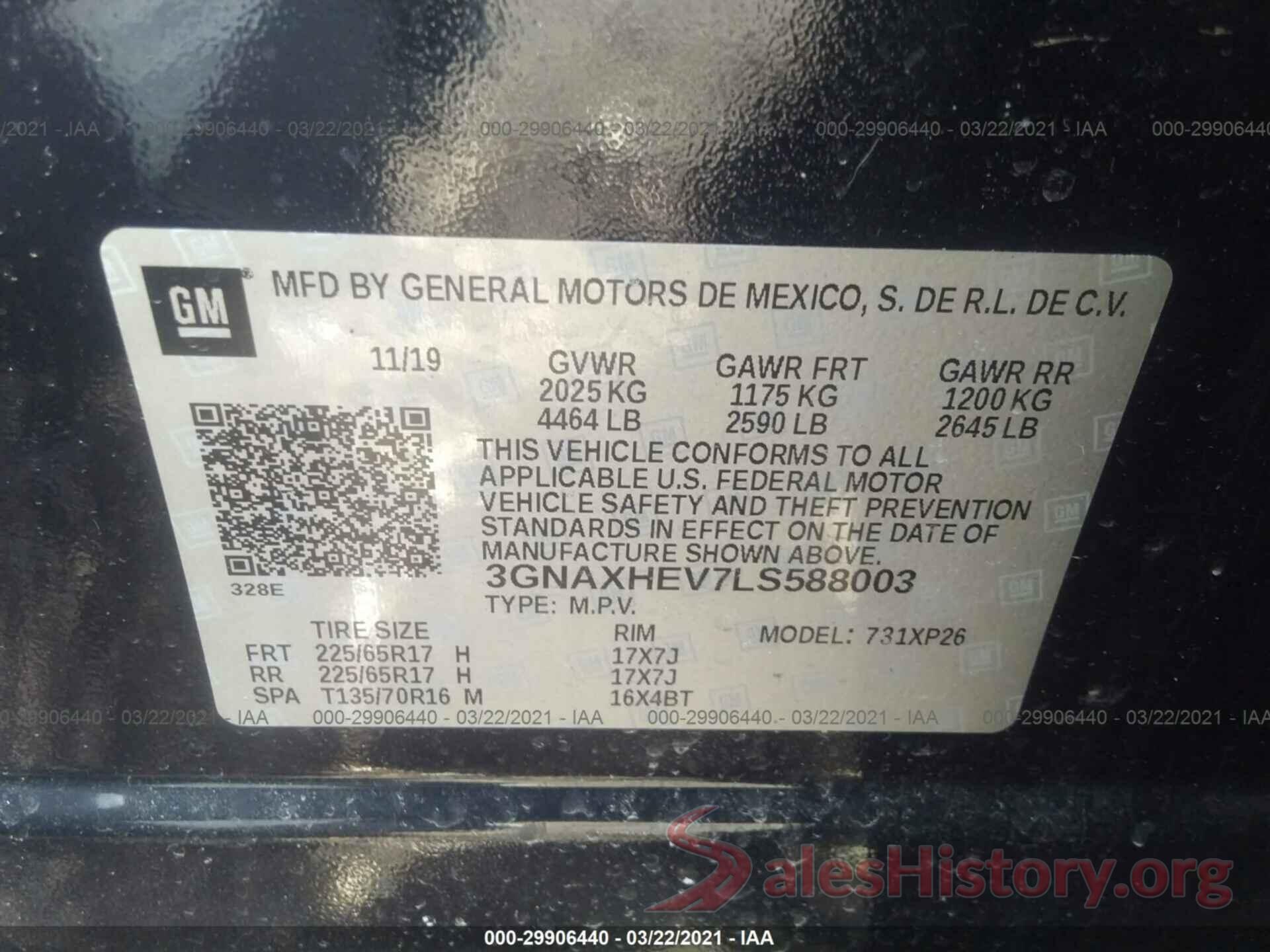 3GNAXHEV7LS588003 2020 CHEVROLET EQUINOX