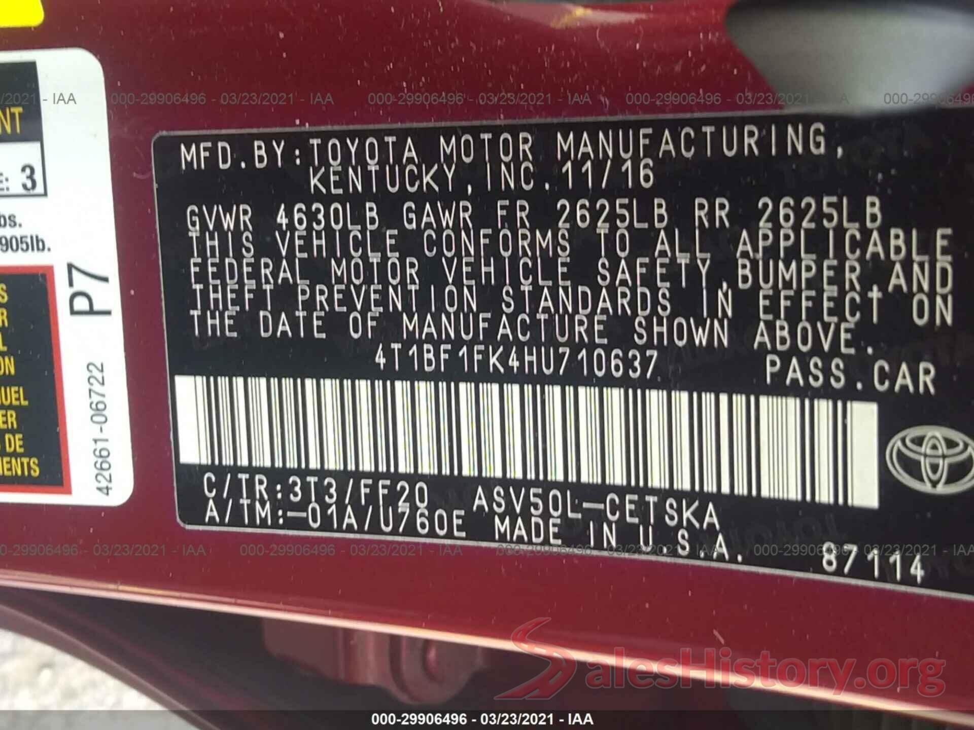 4T1BF1FK4HU710637 2017 TOYOTA CAMRY