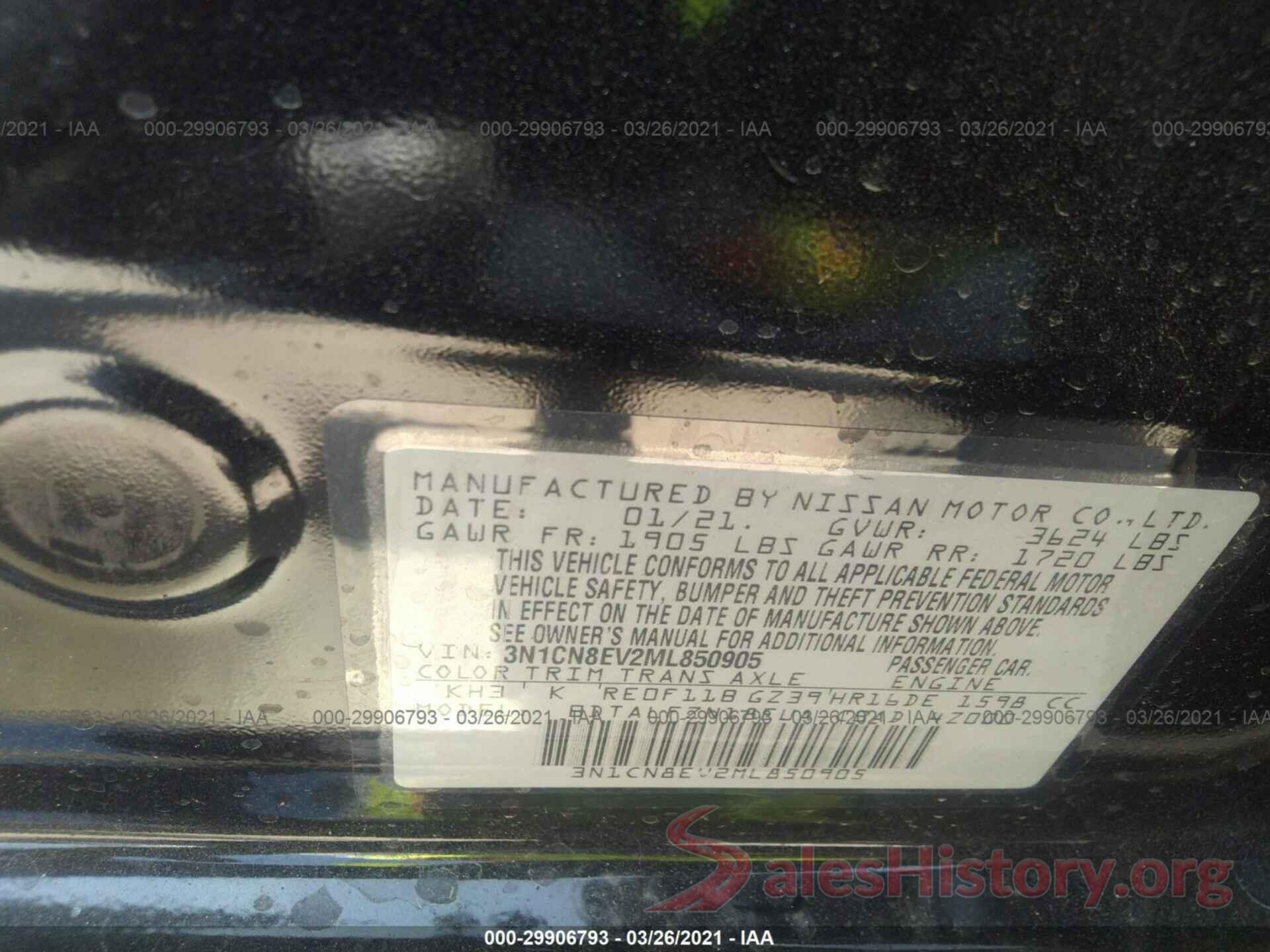 3N1CN8EV2ML850905 2021 NISSAN VERSA