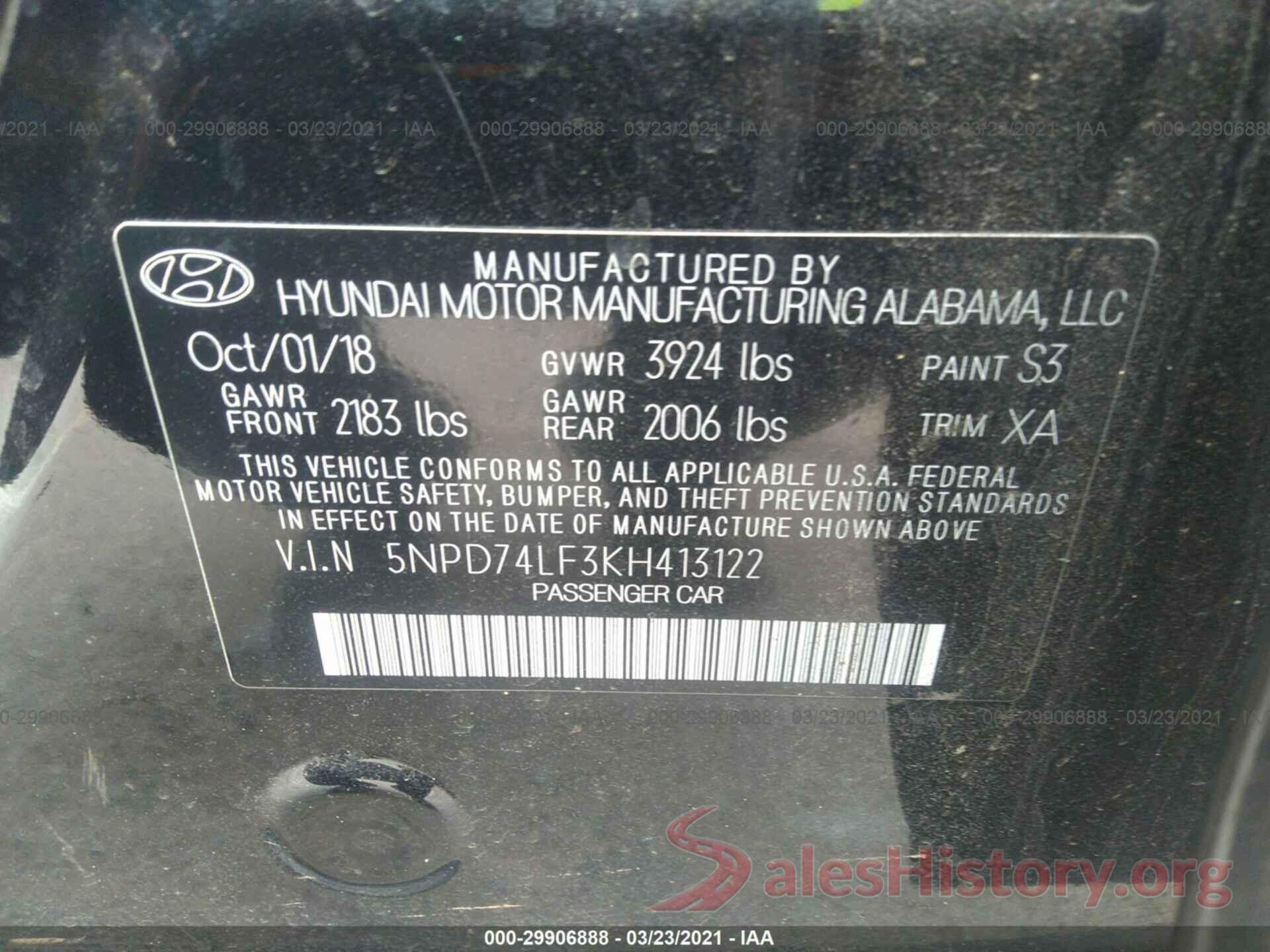 5NPD74LF3KH413122 2019 HYUNDAI ELANTRA