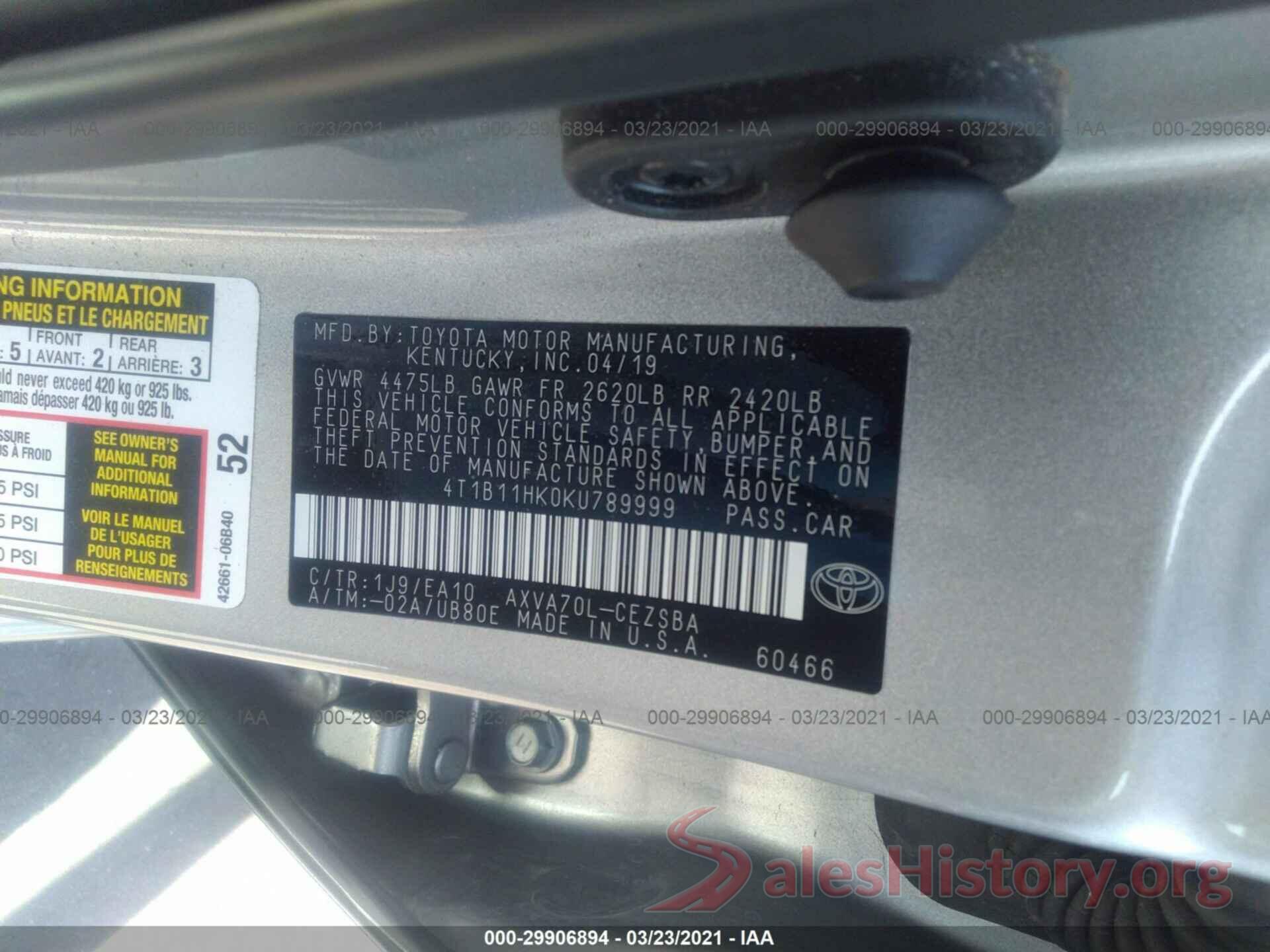 4T1B11HK0KU789999 2019 TOYOTA CAMRY