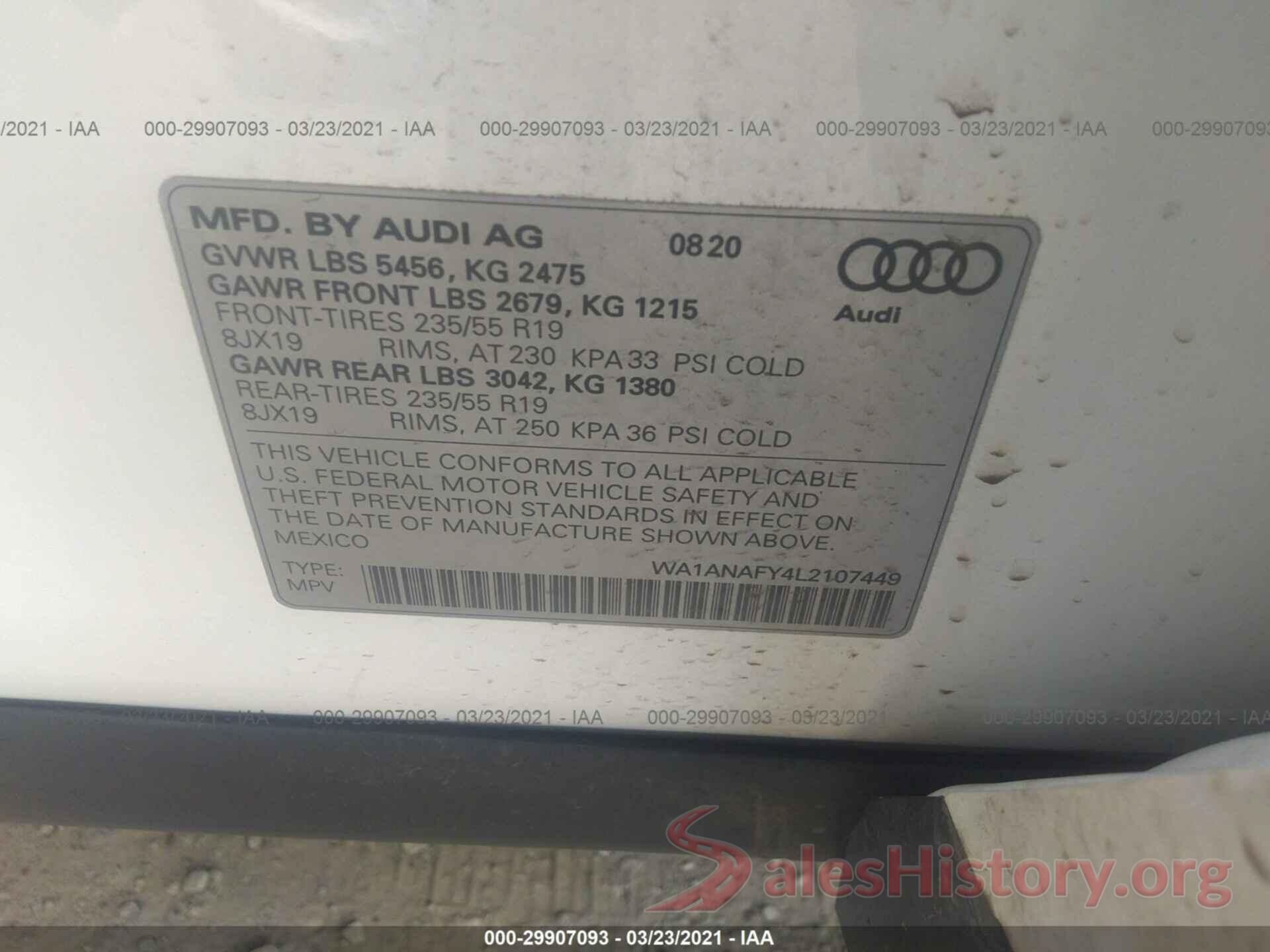 WA1ANAFY4L2107449 2020 AUDI Q5