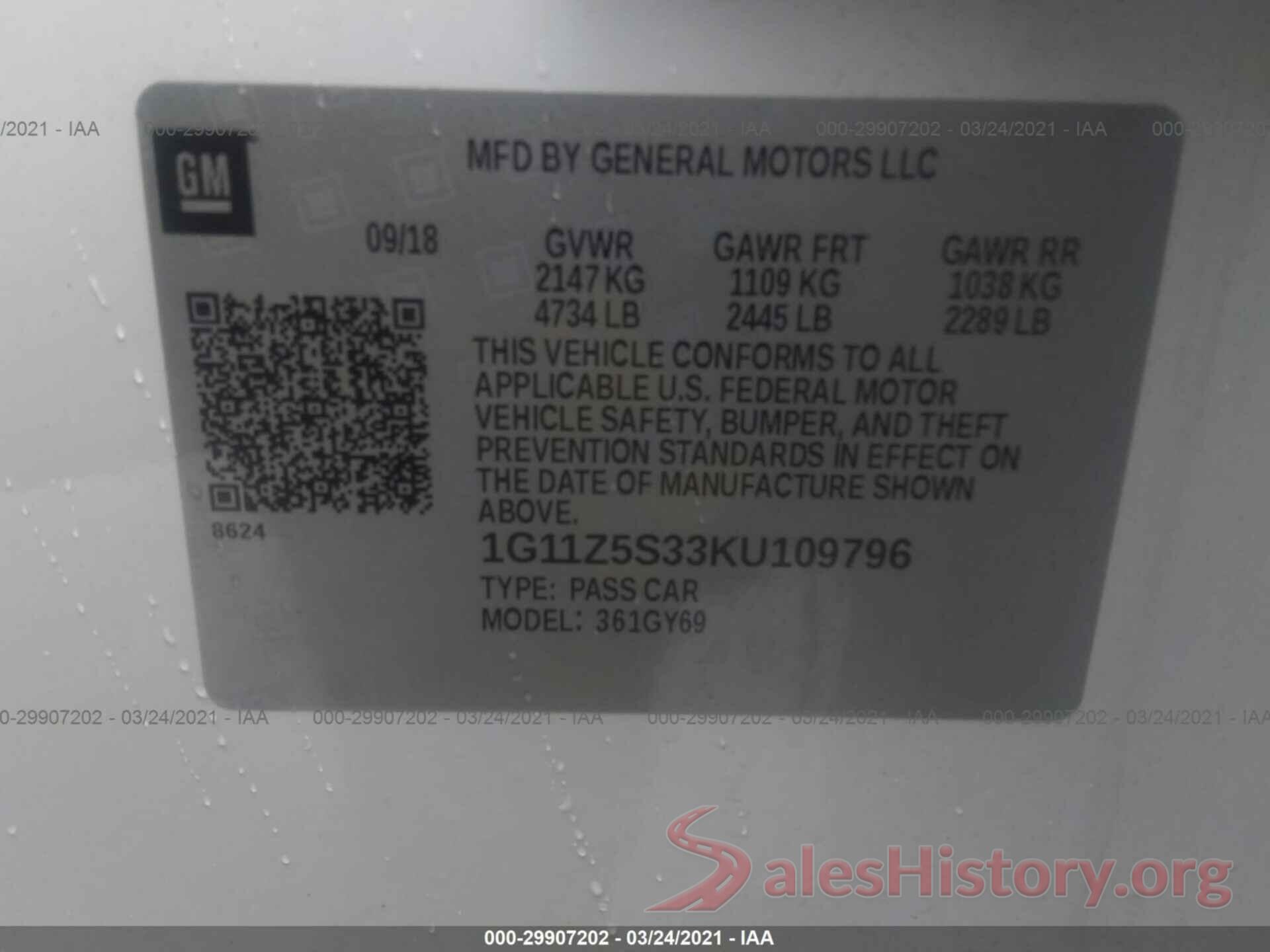 1G11Z5S33KU109796 2019 CHEVROLET IMPALA