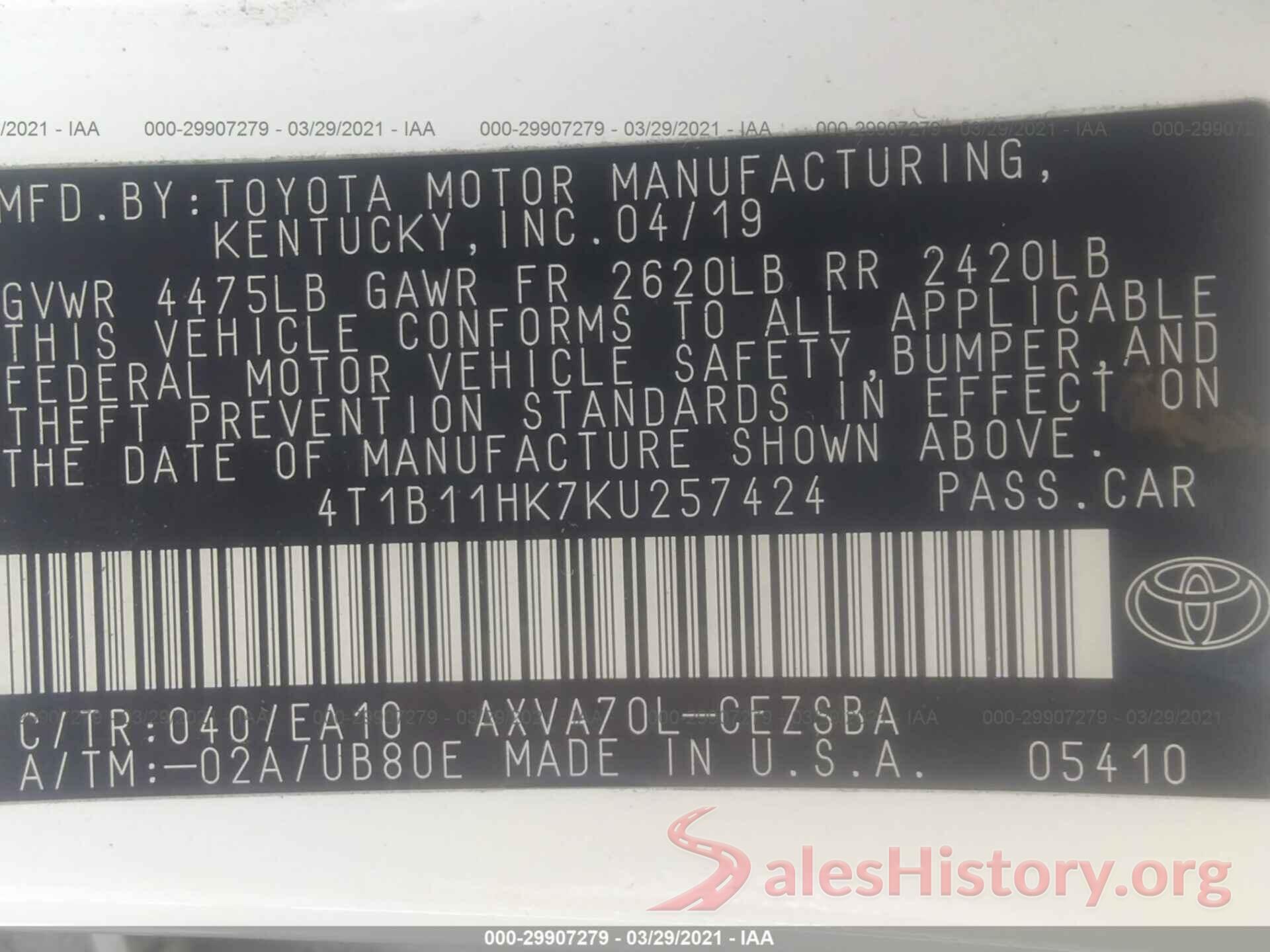 4T1B11HK7KU257424 2019 TOYOTA CAMRY