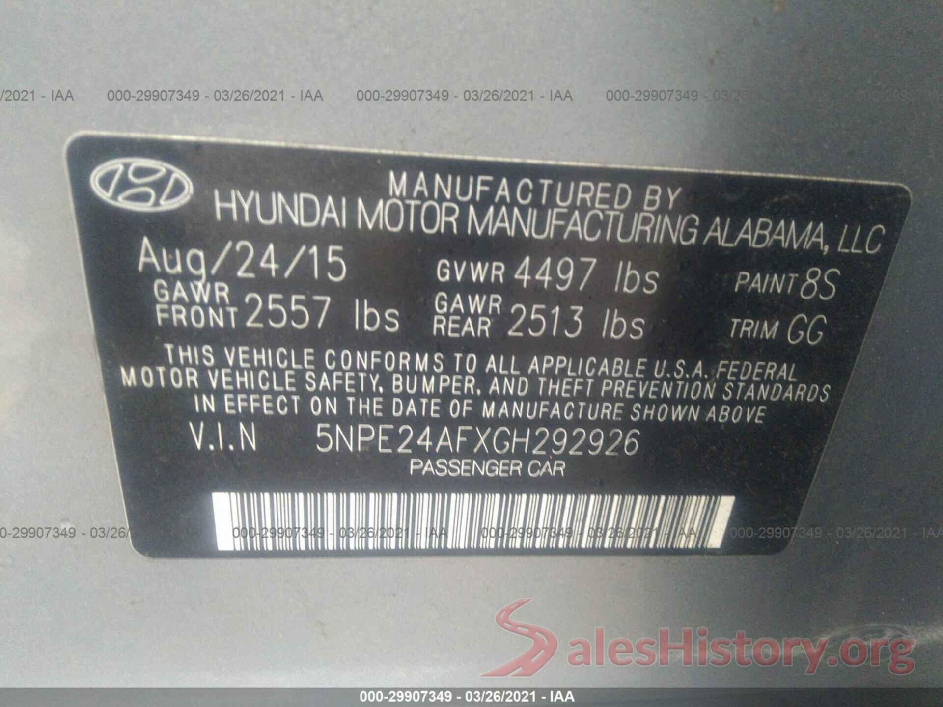 5NPE24AFXGH292926 2016 HYUNDAI SONATA