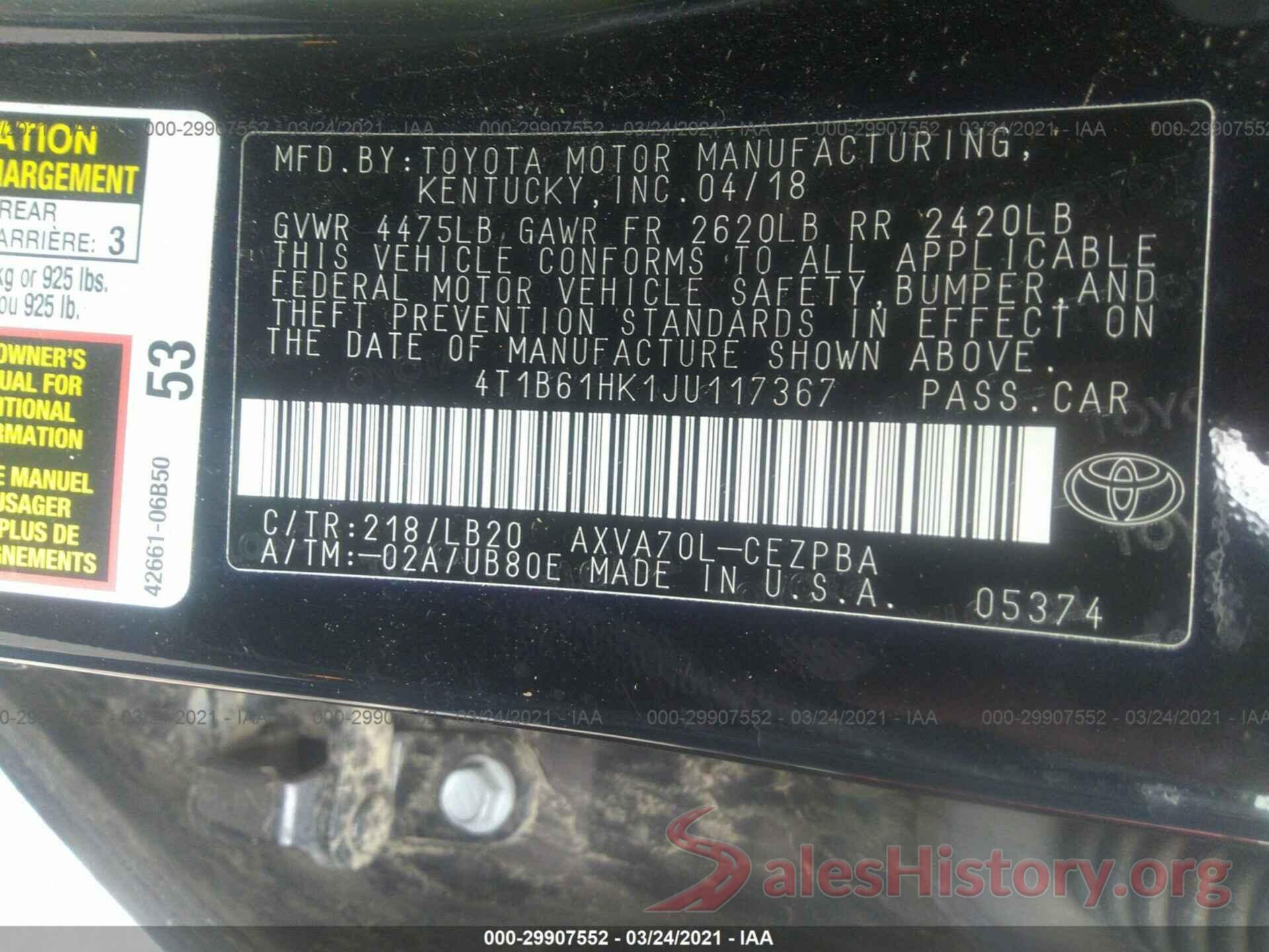 4T1B61HK1JU117367 2018 TOYOTA CAMRY