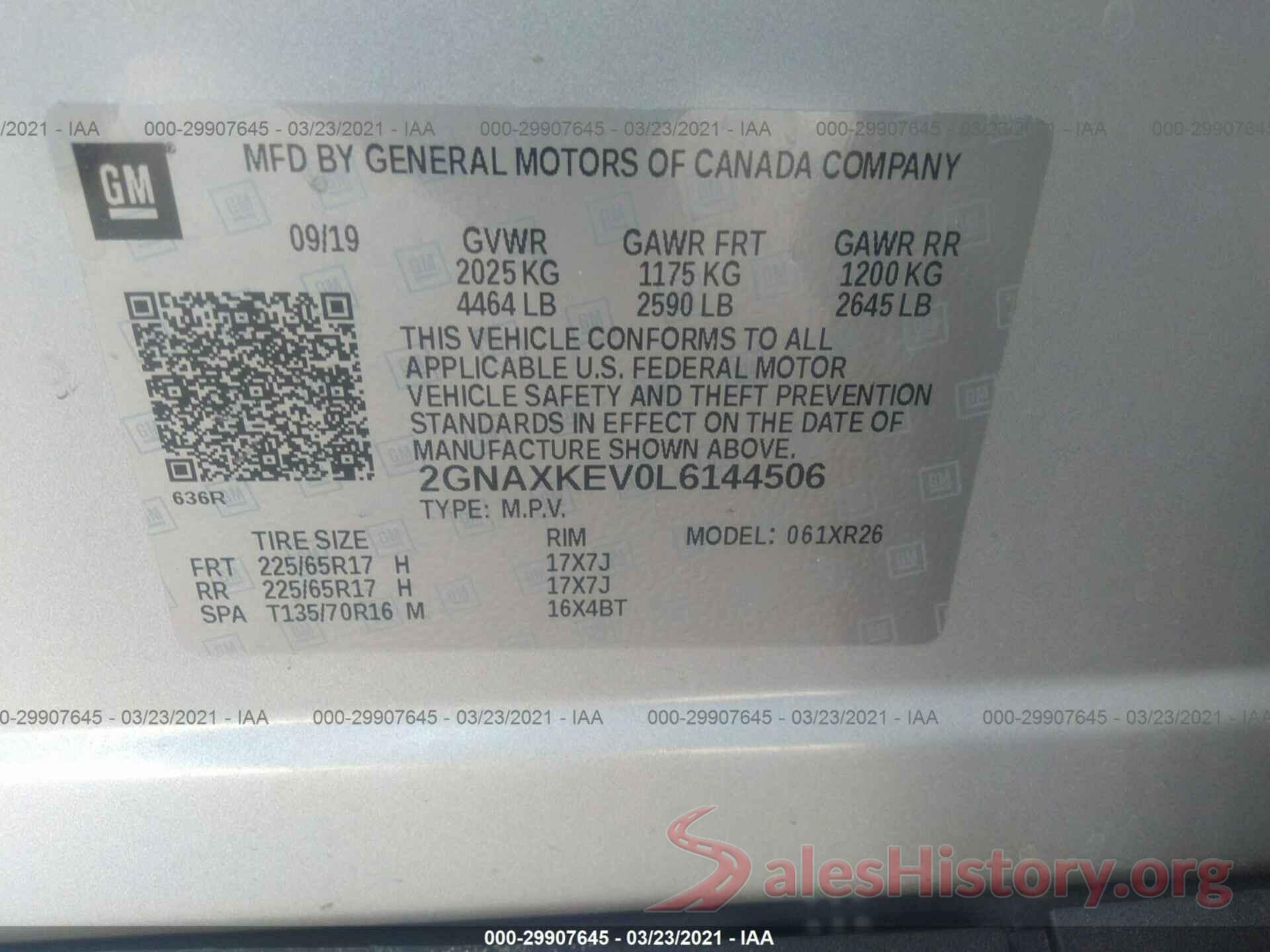 2GNAXKEV0L6144506 2020 CHEVROLET EQUINOX