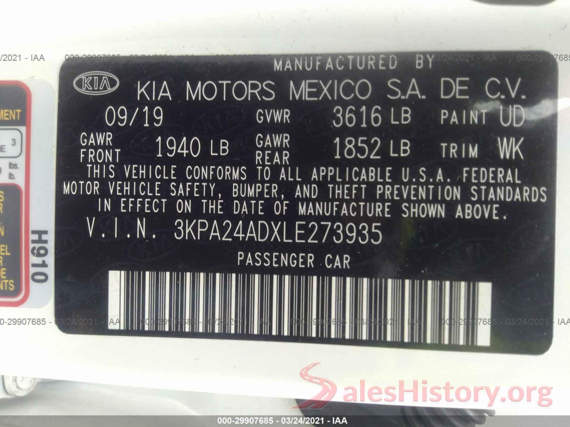 3KPA24ADXLE273935 2020 KIA RIO