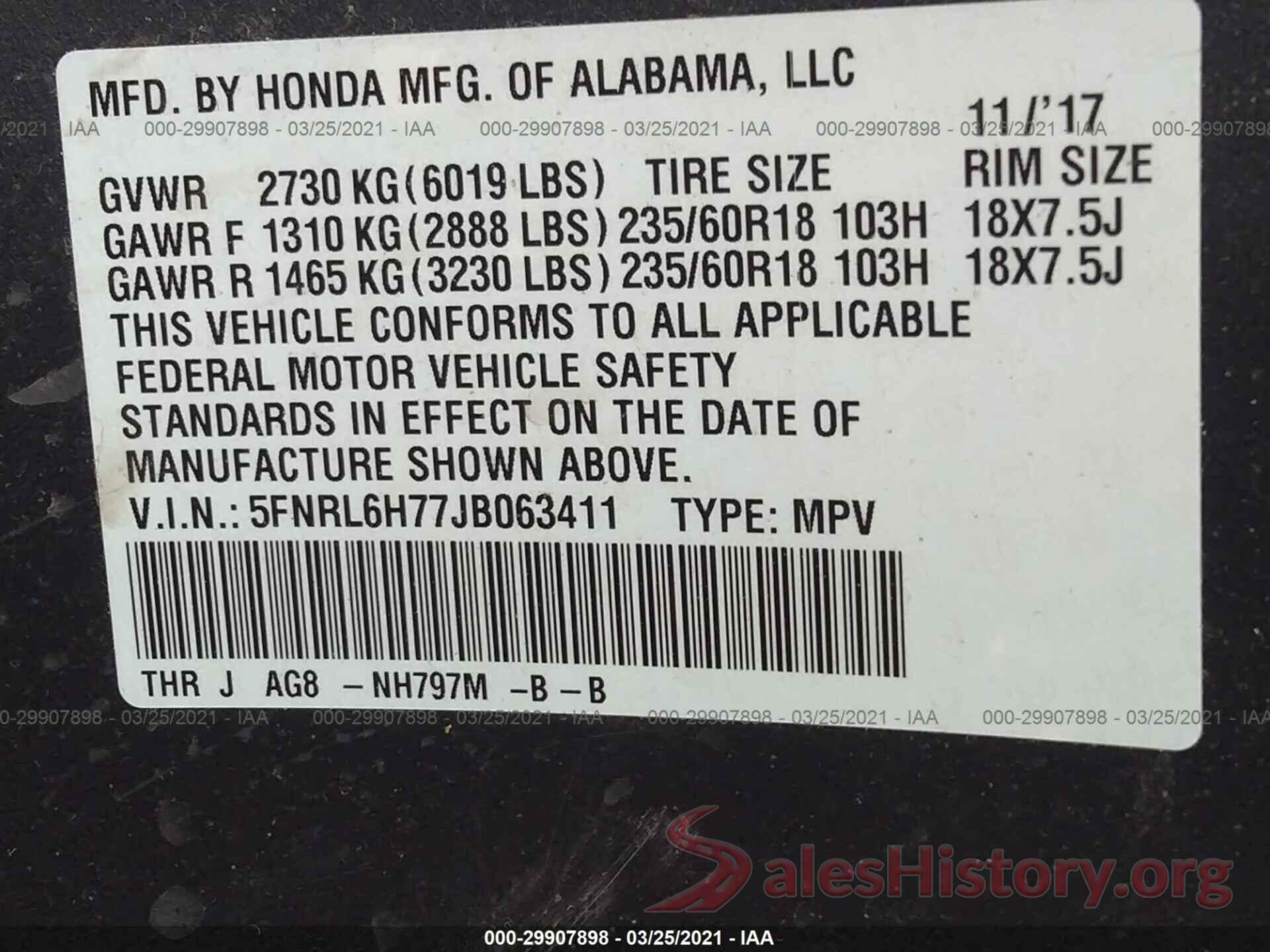 5FNRL6H77JB063411 2018 HONDA ODYSSEY