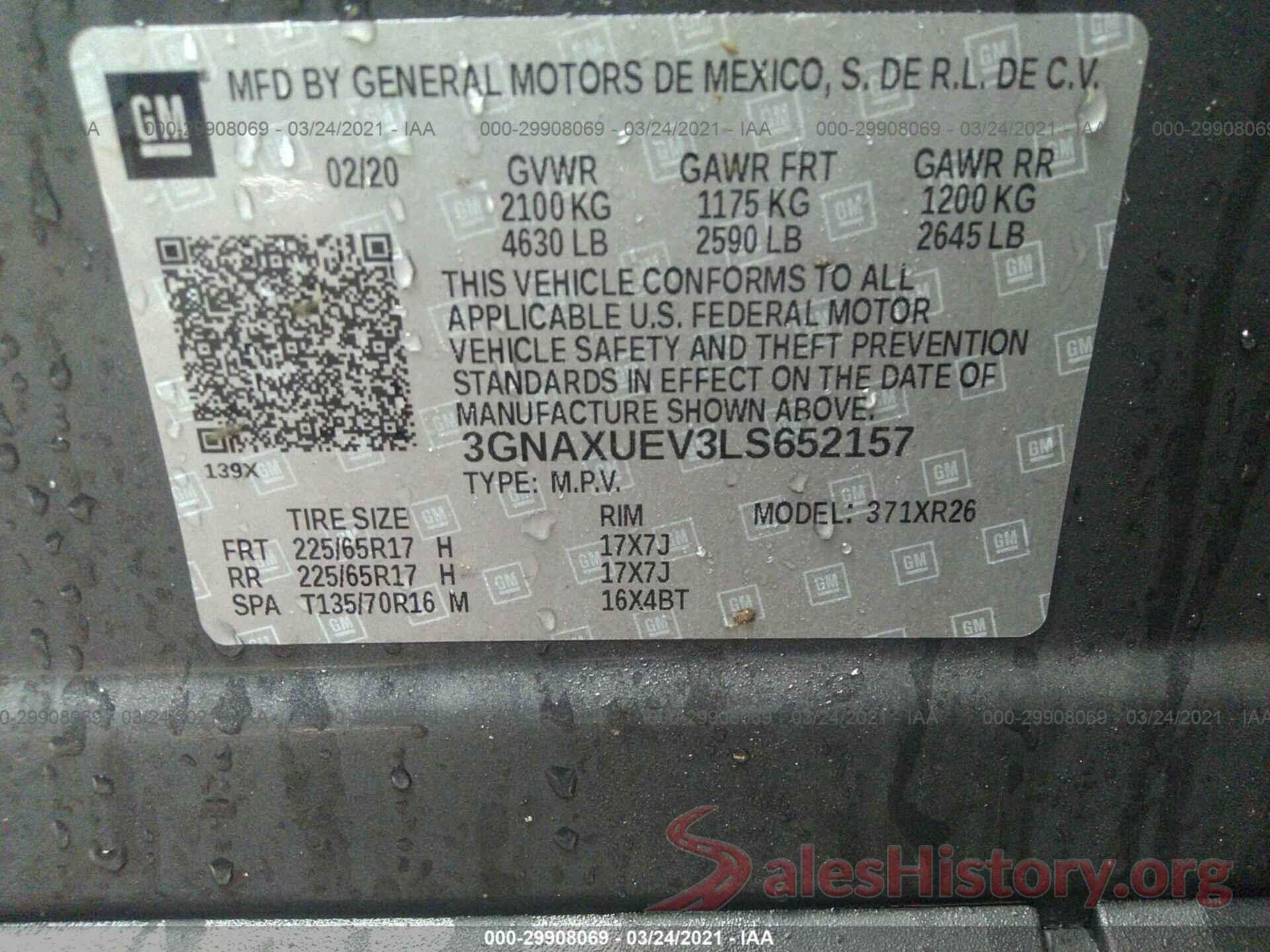 3GNAXUEV3LS652157 2020 CHEVROLET EQUINOX