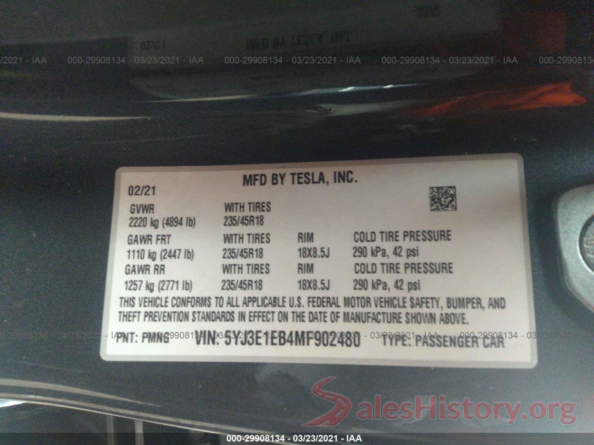 5YJ3E1EB4MF902480 2021 TESLA MODEL 3