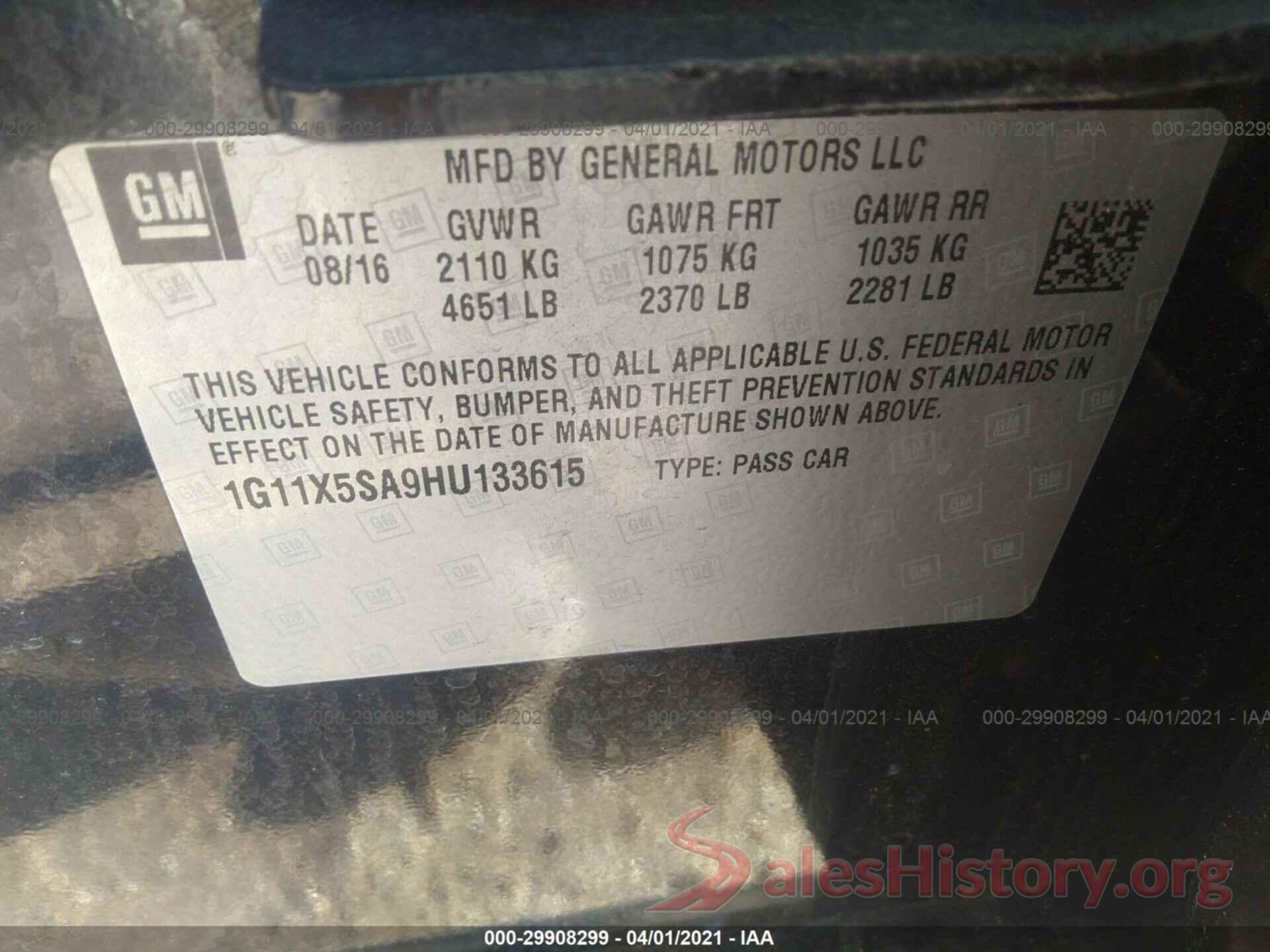 1G11X5SA9HU133615 2017 CHEVROLET IMPALA