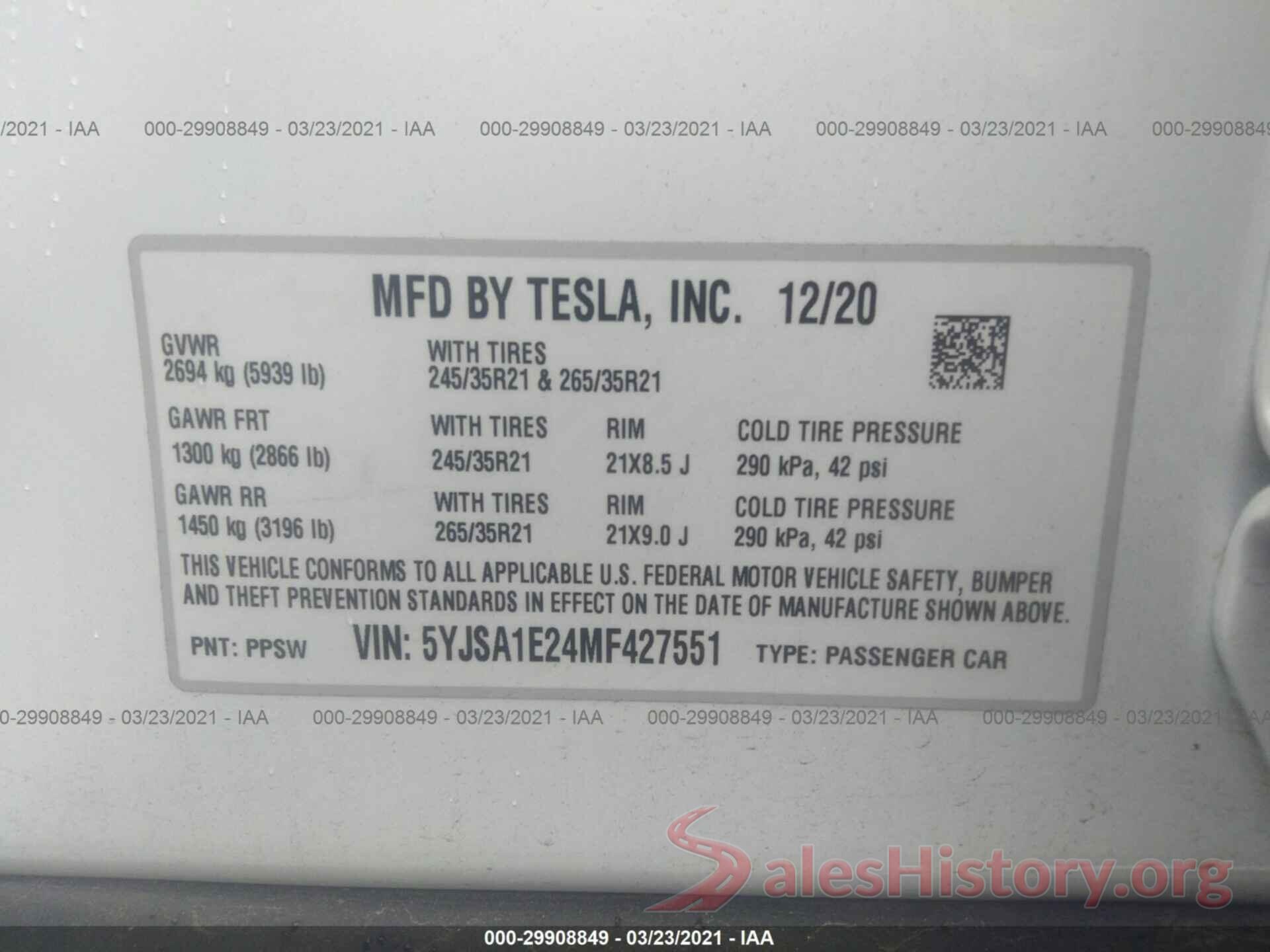 5YJSA1E24MF427551 2021 TESLA MODEL S