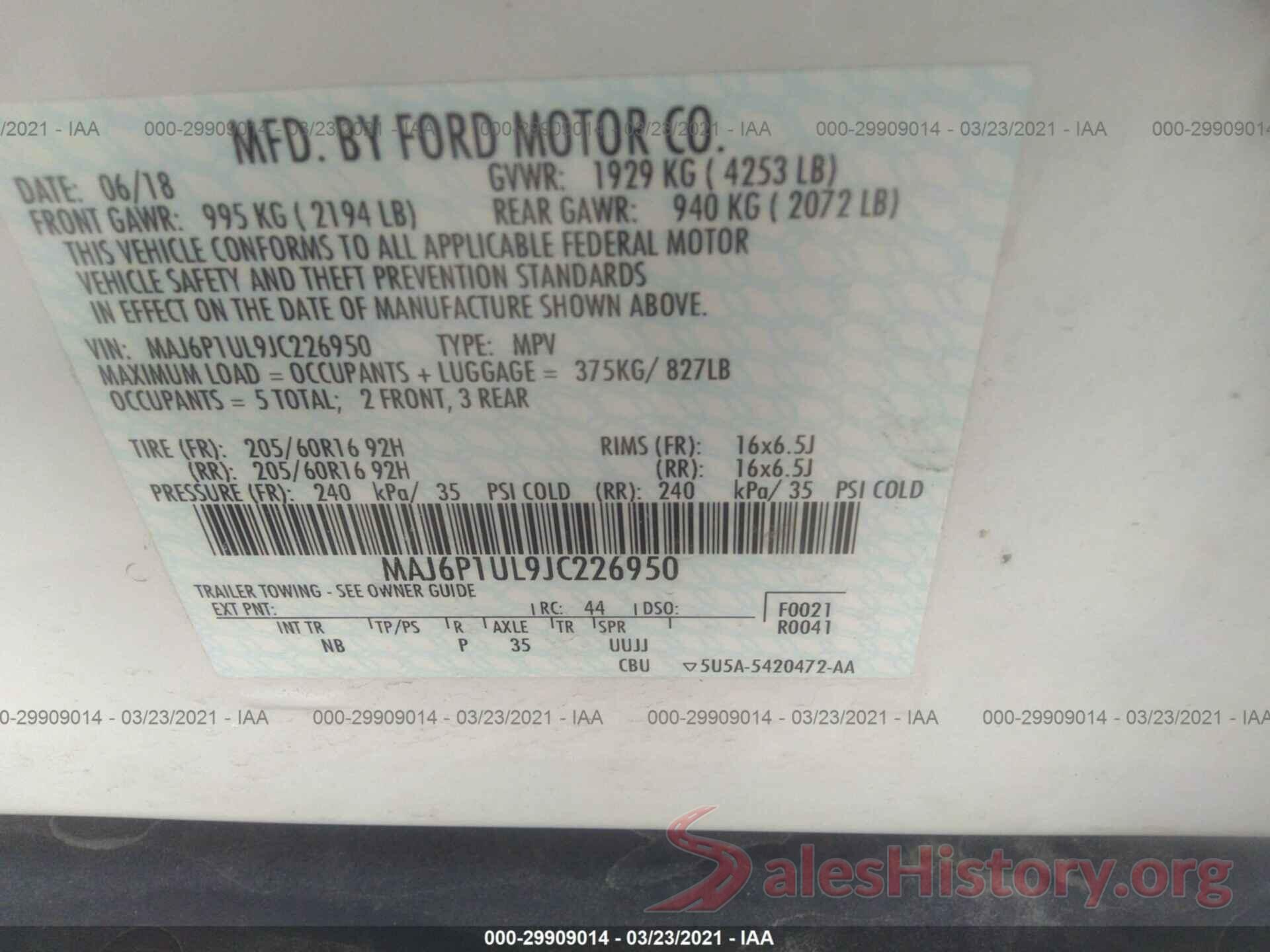 MAJ6P1UL9JC226950 2018 FORD ECOSPORT