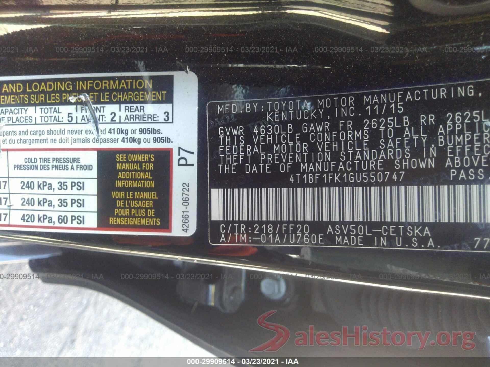 4T1BF1FK1GU550747 2016 TOYOTA CAMRY