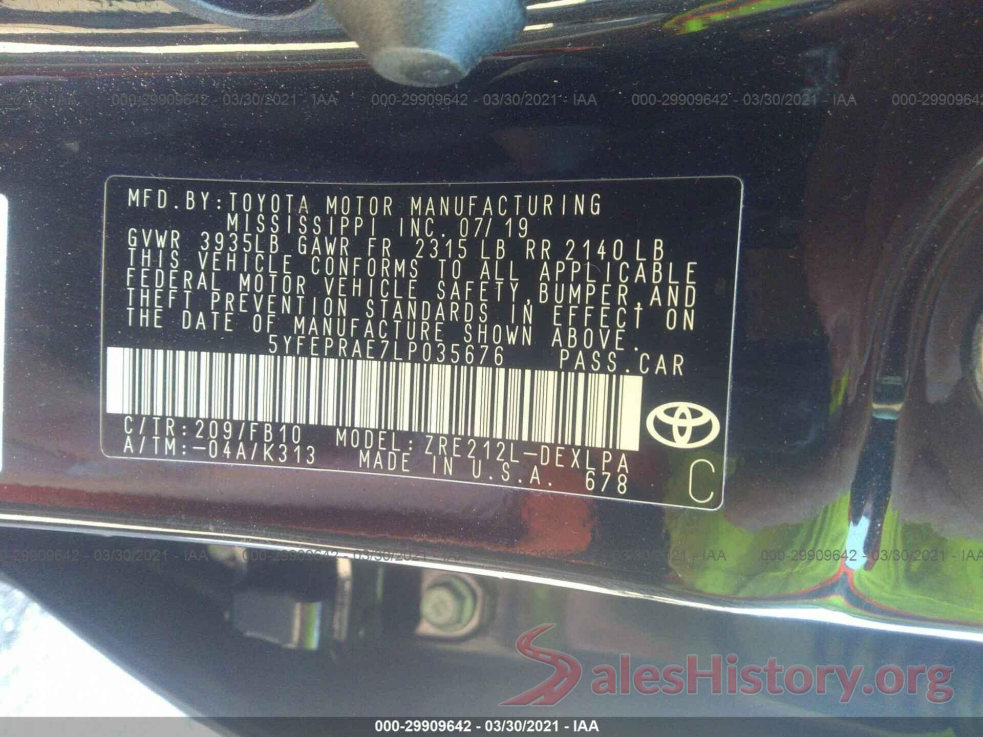 5YFEPRAE7LP035676 2020 TOYOTA COROLLA