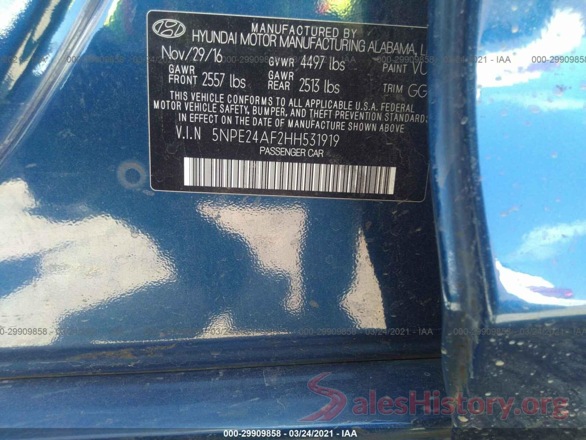 5NPE24AF2HH531919 2017 HYUNDAI SONATA