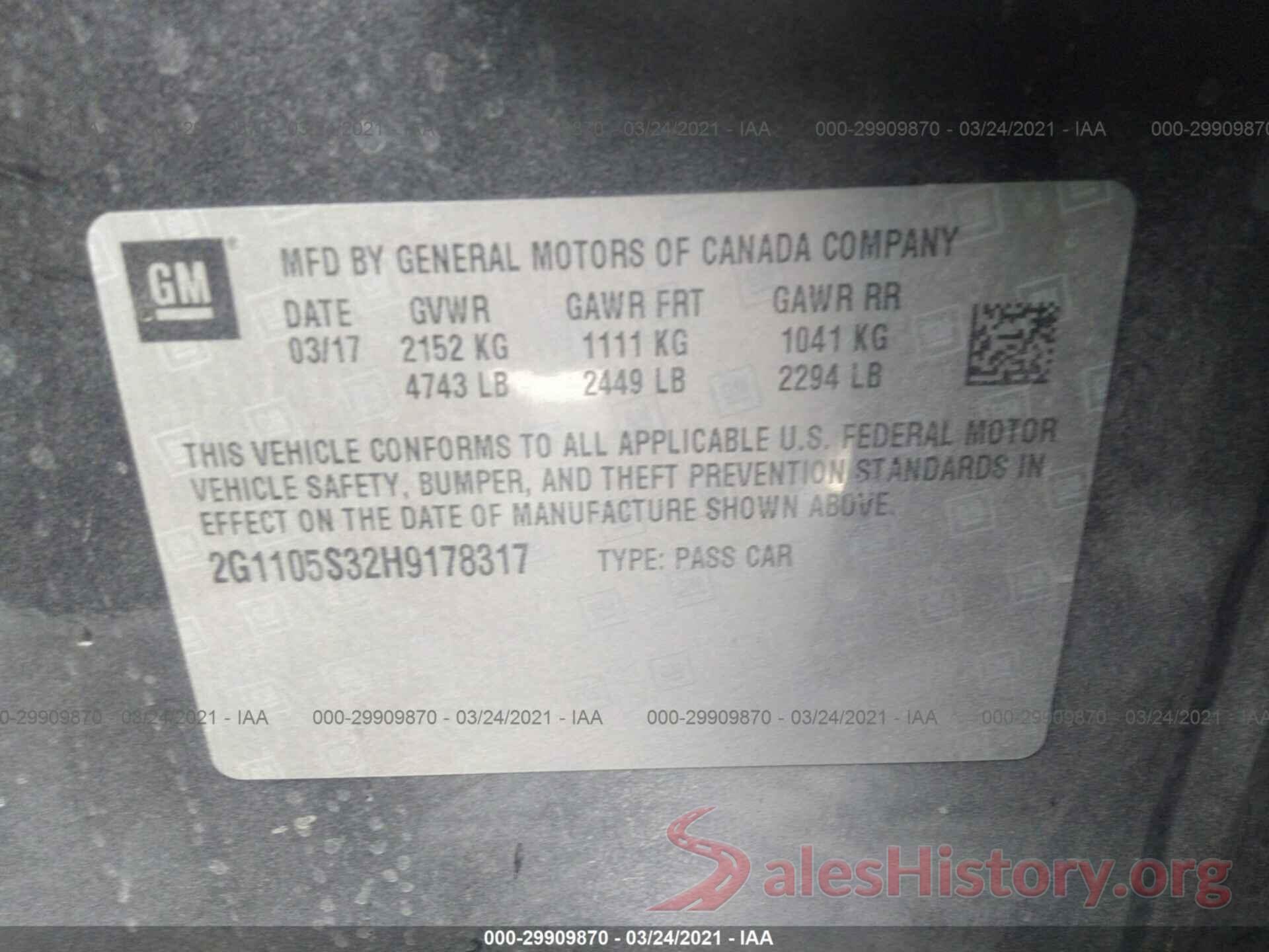 2G1105S32H9178317 2017 CHEVROLET IMPALA