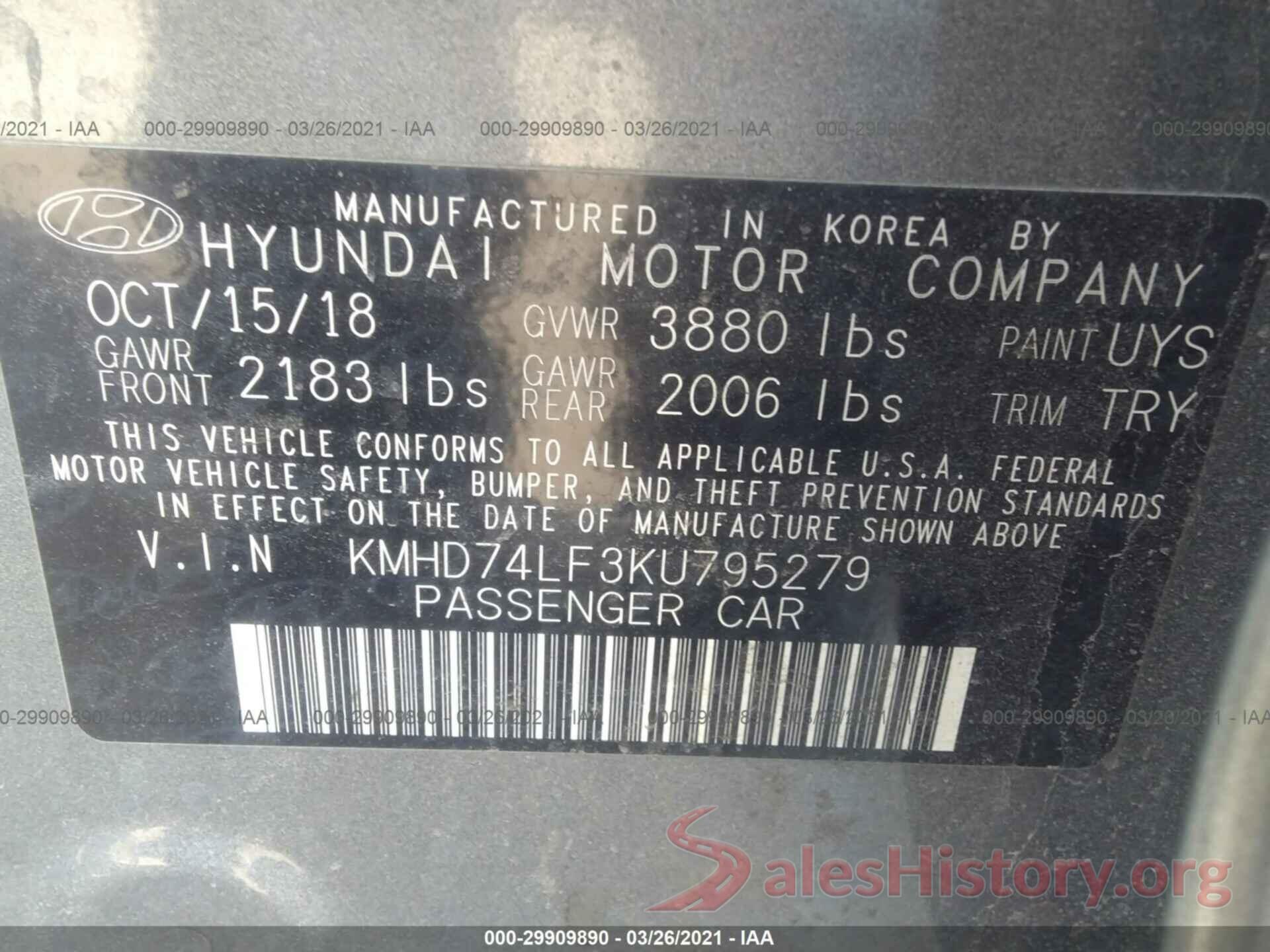 KMHD74LF3KU795279 2019 HYUNDAI ELANTRA