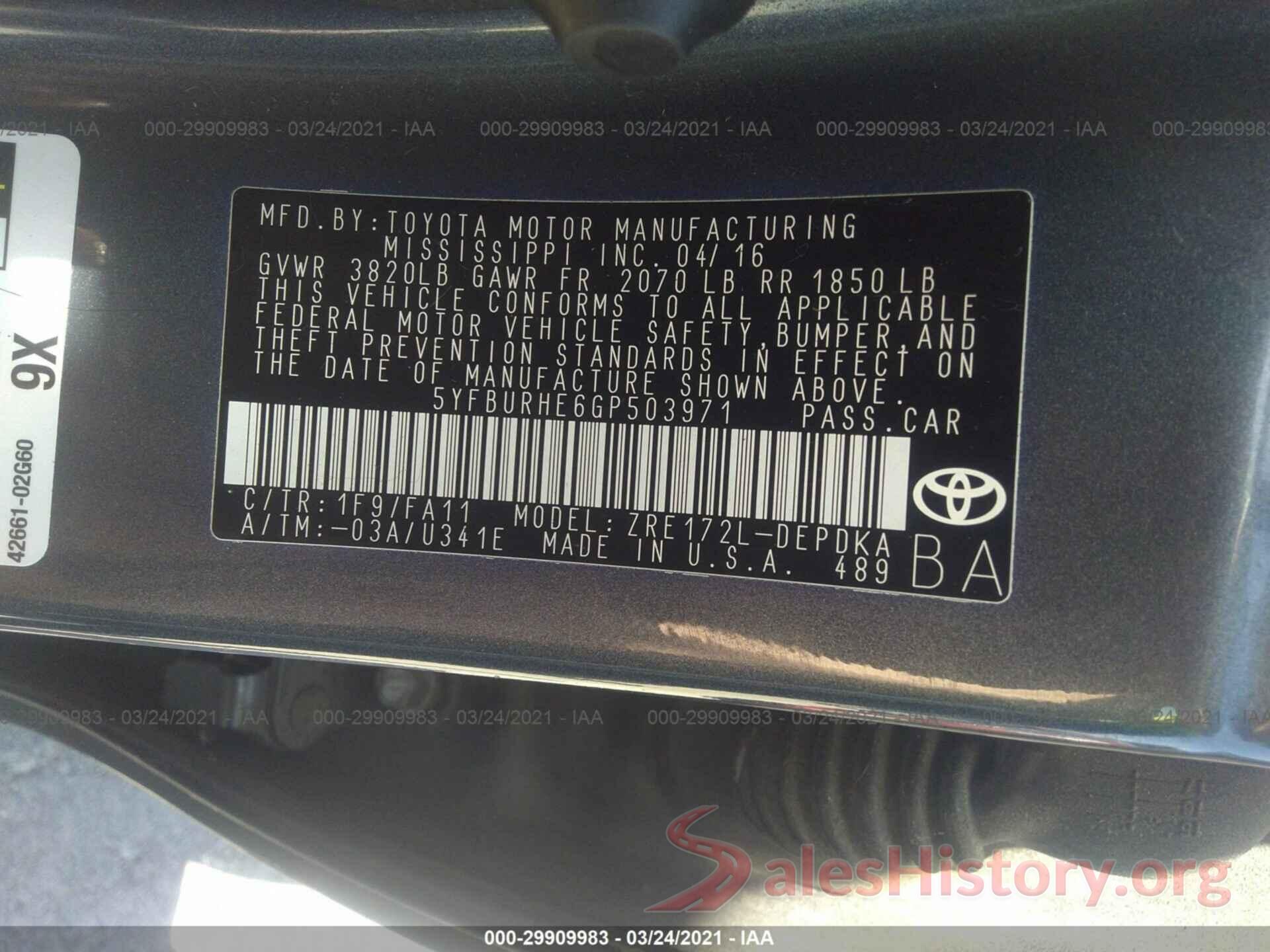 5YFBURHE6GP503971 2016 TOYOTA COROLLA