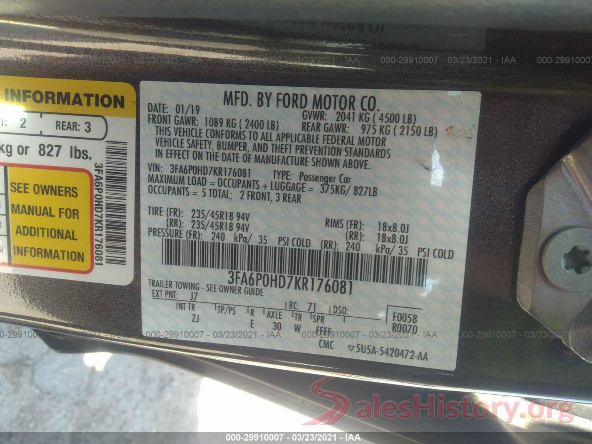 3FA6P0HD7KR176081 2019 FORD FUSION