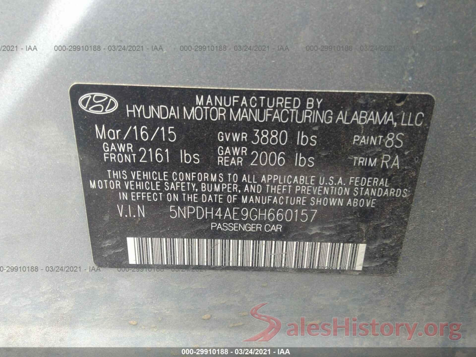 5NPDH4AE9GH660157 2016 HYUNDAI ELANTRA