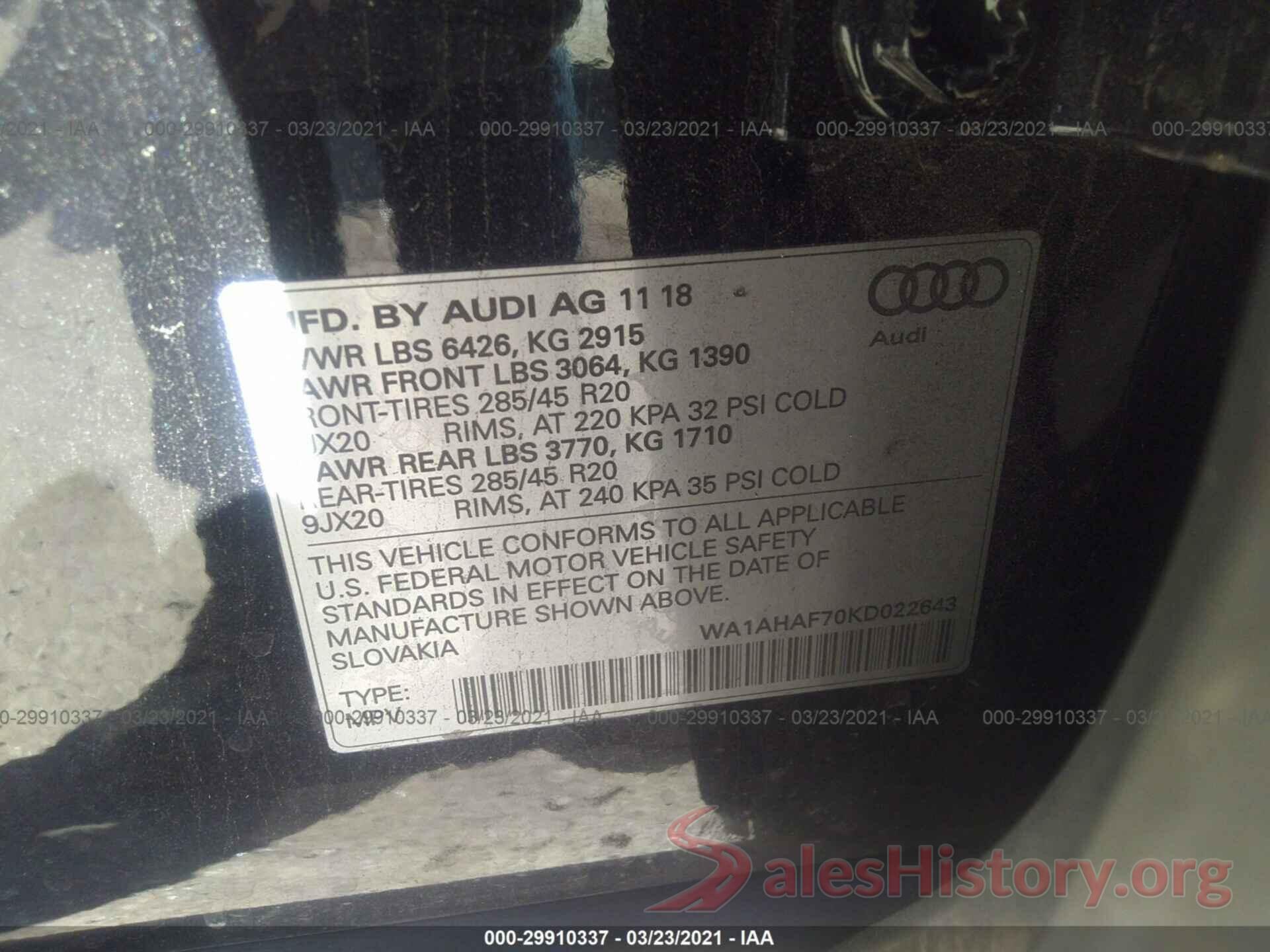 WA1AHAF70KD022643 2019 AUDI Q7