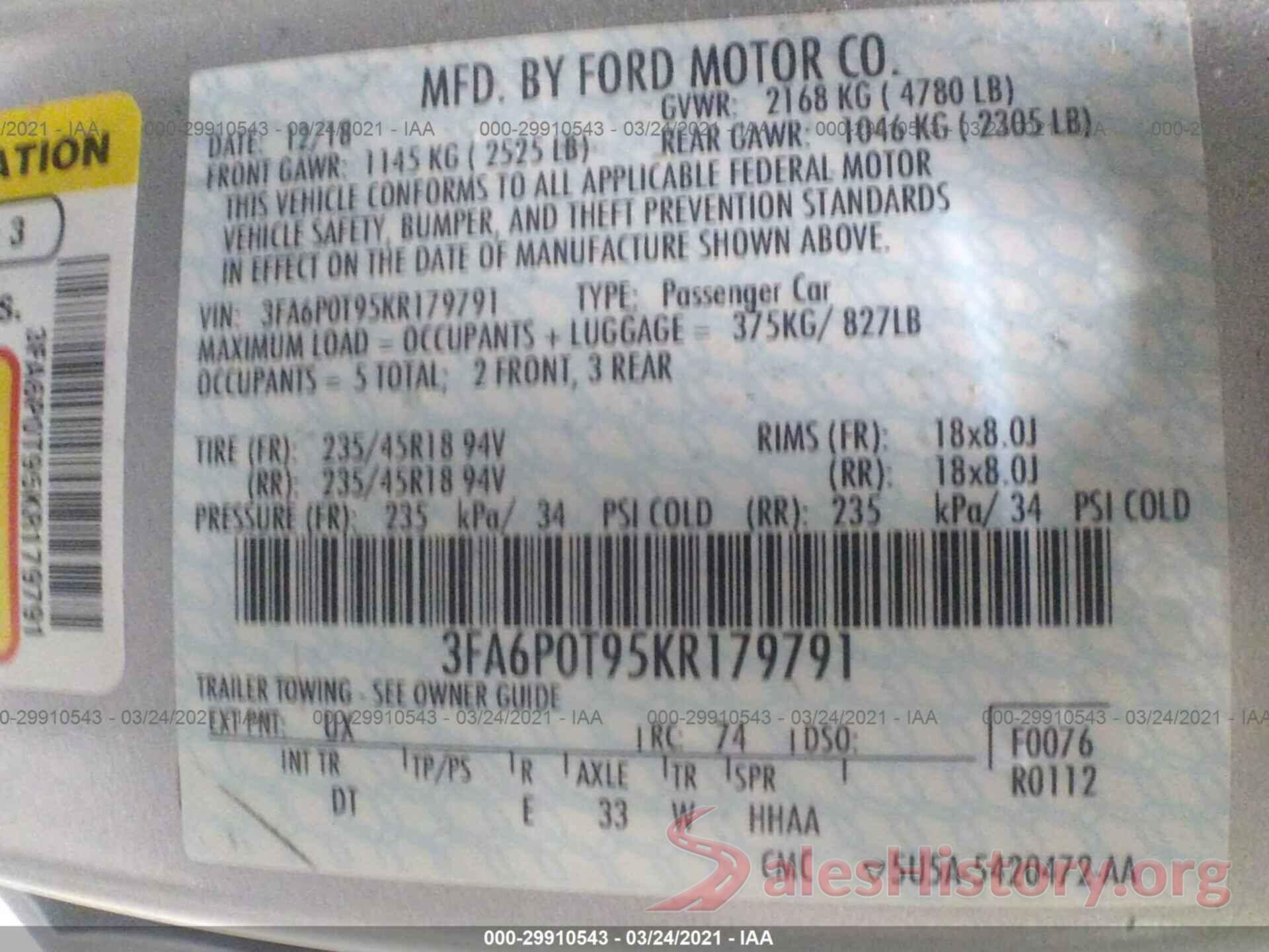 3FA6P0T95KR179791 2019 FORD FUSION