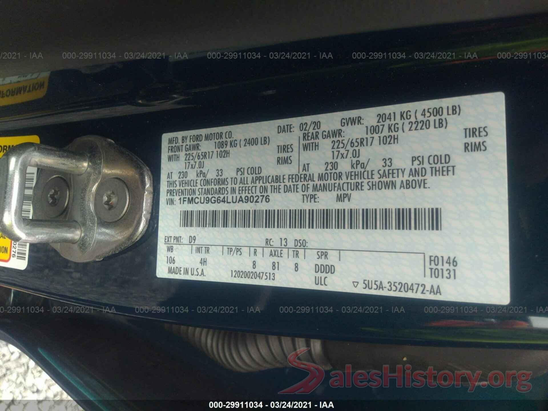 1FMCU9G64LUA90276 2020 FORD ESCAPE