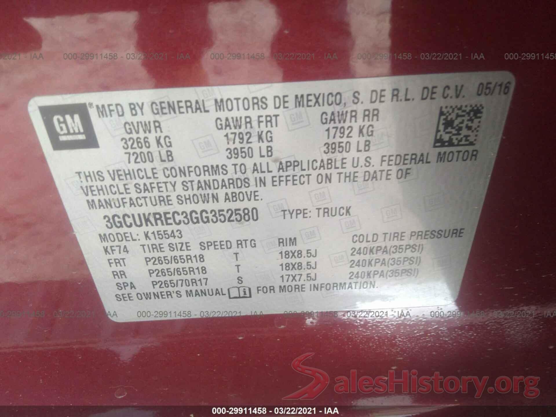 3GCUKREC3GG352580 2016 CHEVROLET SILVERADO 1500