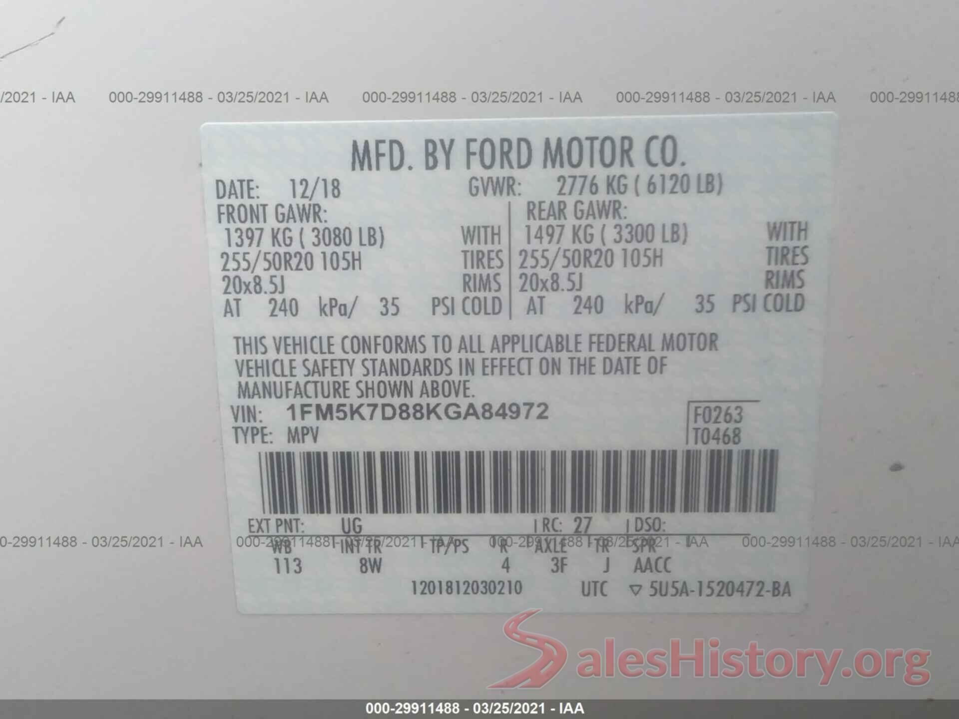 1FM5K7D88KGA84972 2019 FORD EXPLORER