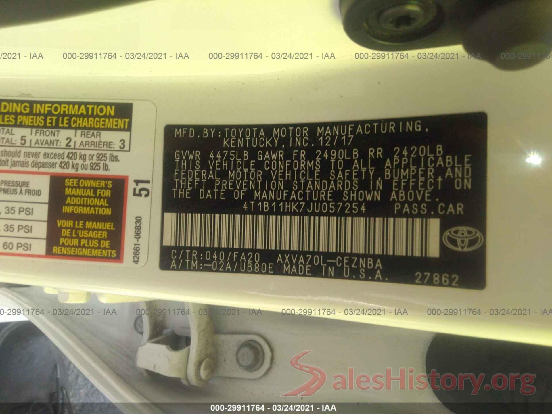 4T1B11HK7JU057254 2018 TOYOTA CAMRY