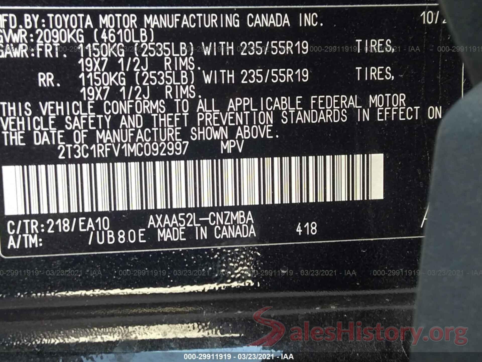 2T3C1RFV1MC092997 2021 TOYOTA RAV4