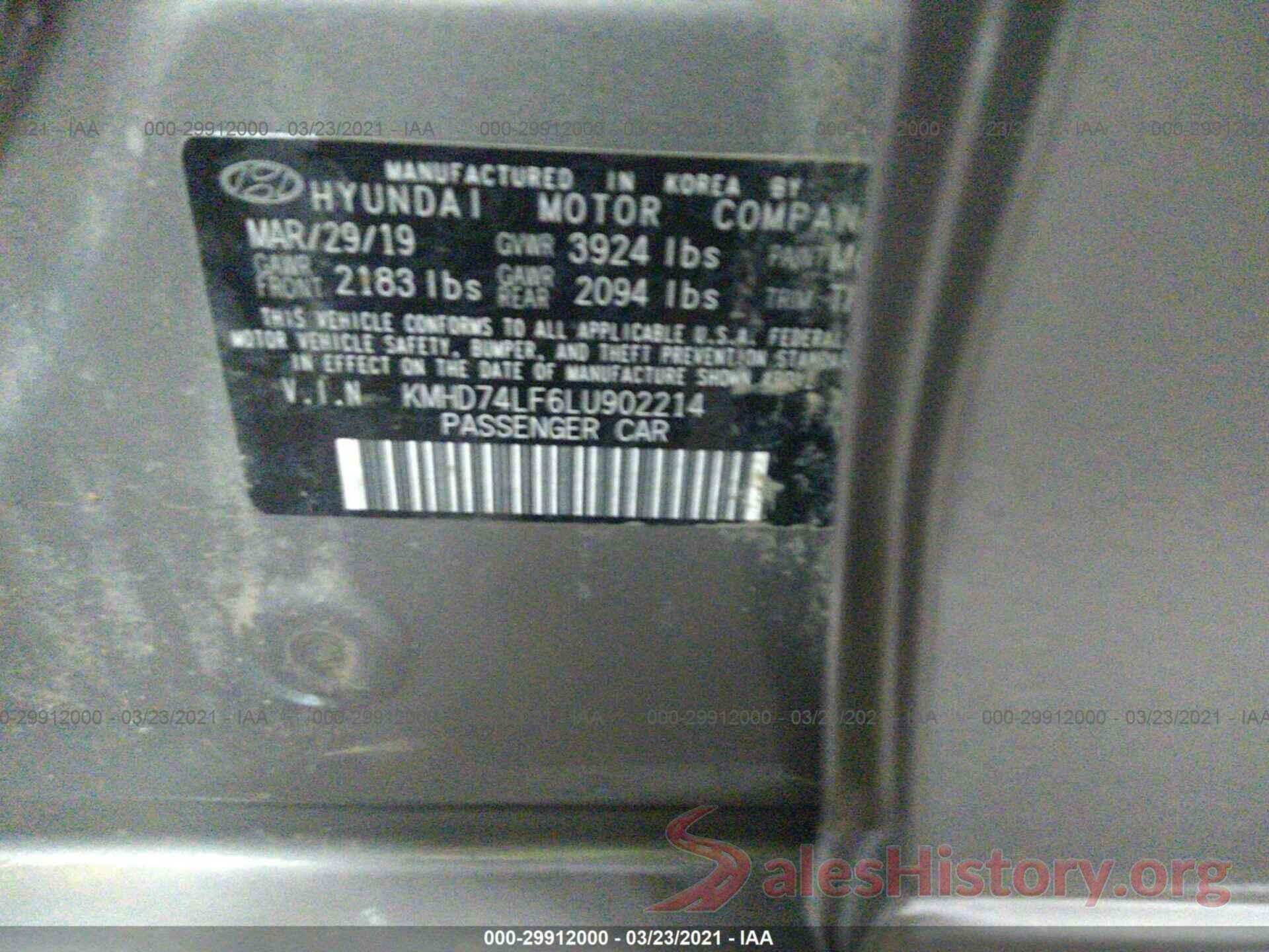 KMHD74LF6LU902214 2020 HYUNDAI ELANTRA