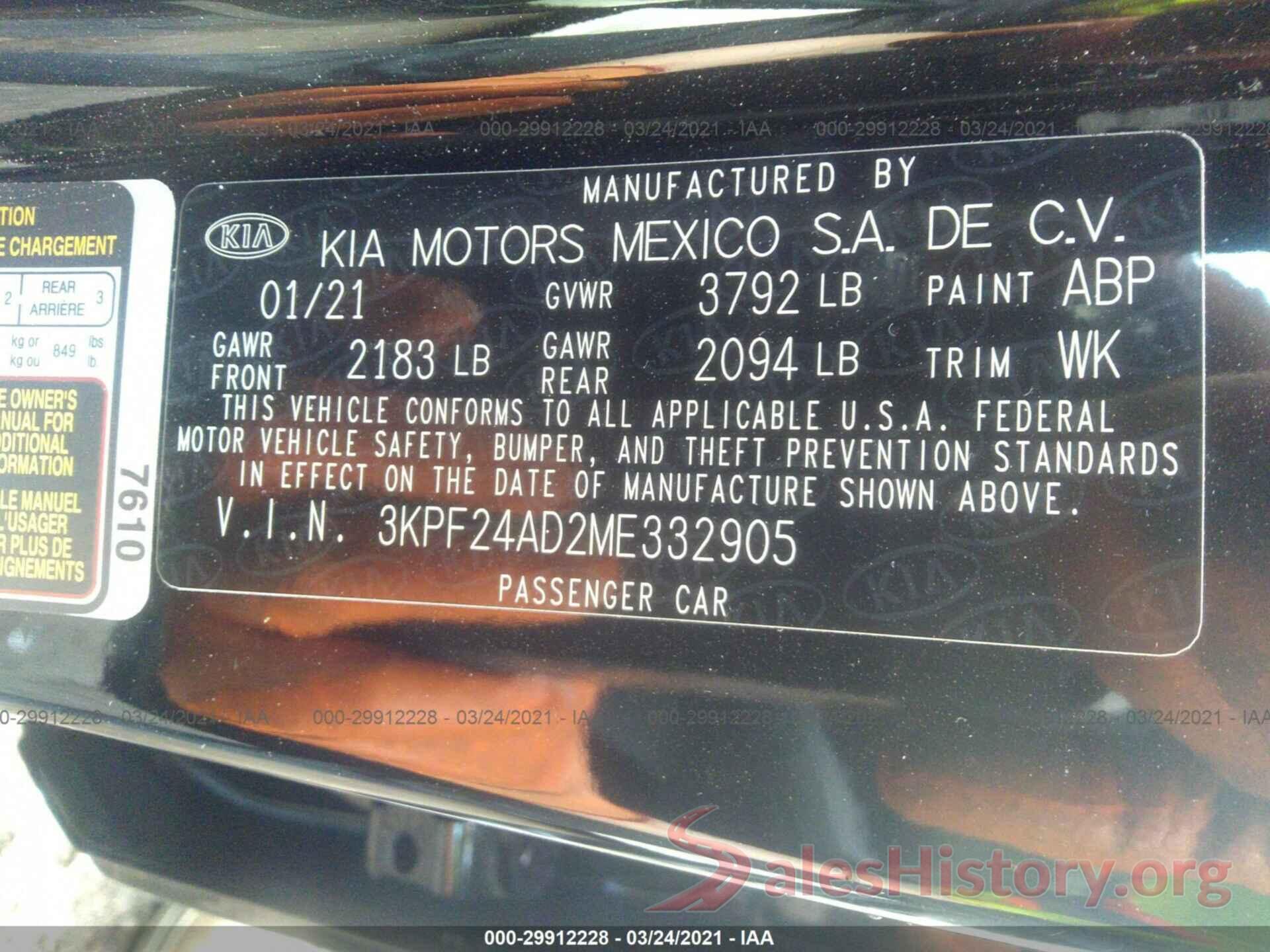 3KPF24AD2ME332905 2021 KIA FORTE