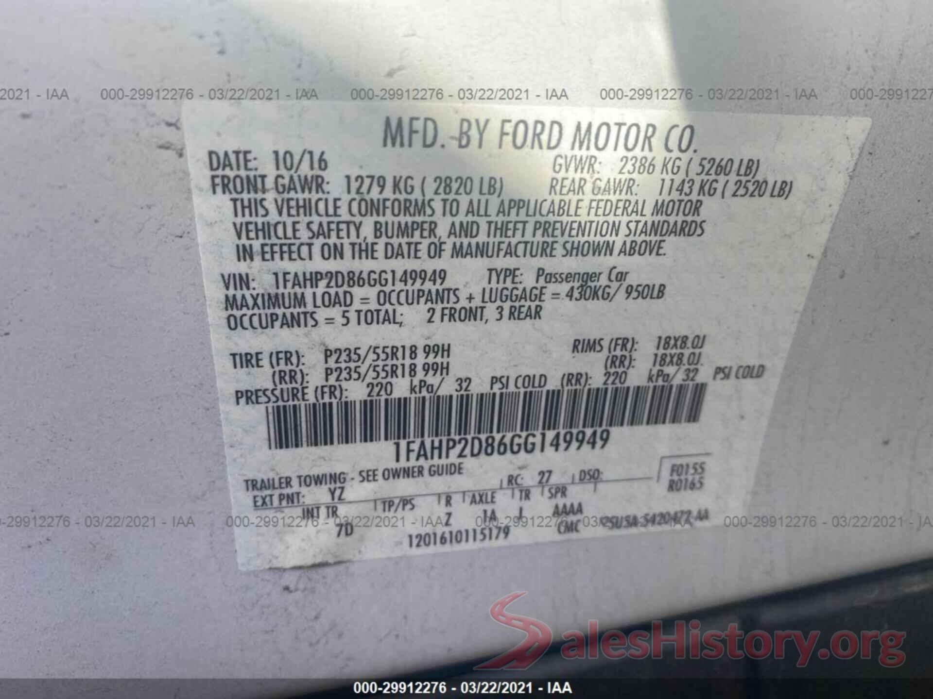 1FAHP2D86GG149949 2016 FORD TAURUS