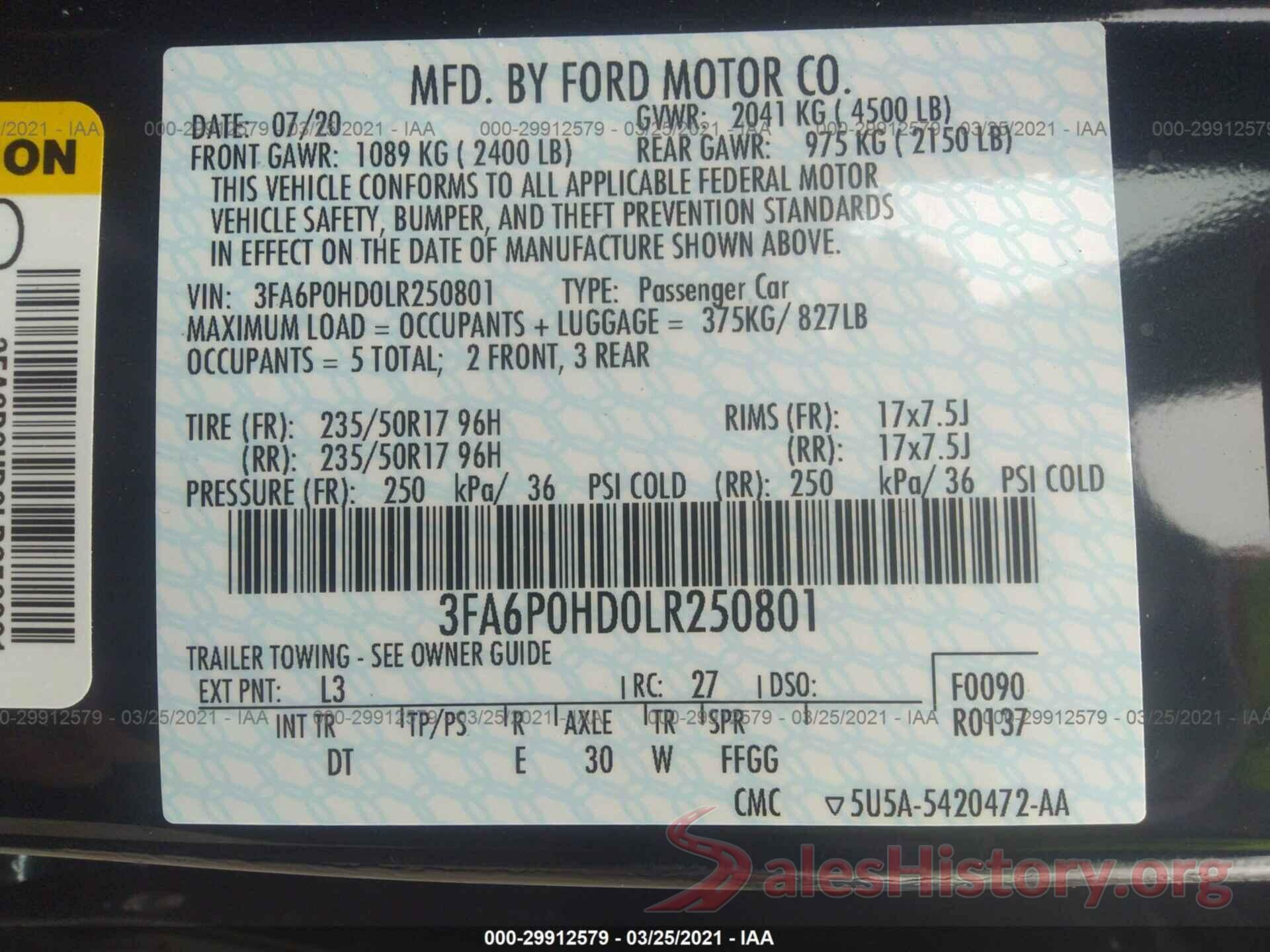 3FA6P0HD0LR250801 2020 FORD FUSION