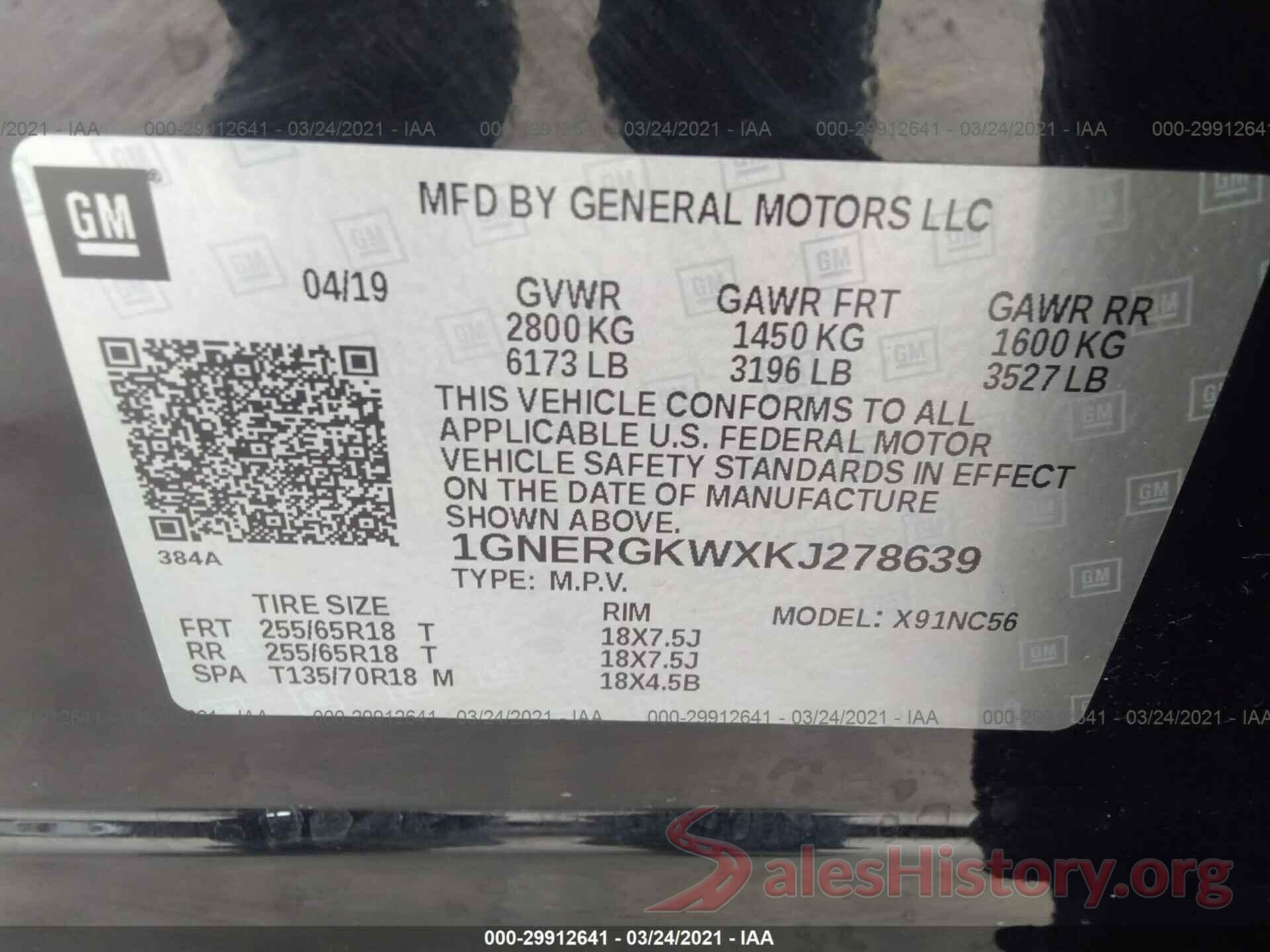 1GNERGKWXKJ278639 2019 CHEVROLET TRAVERSE