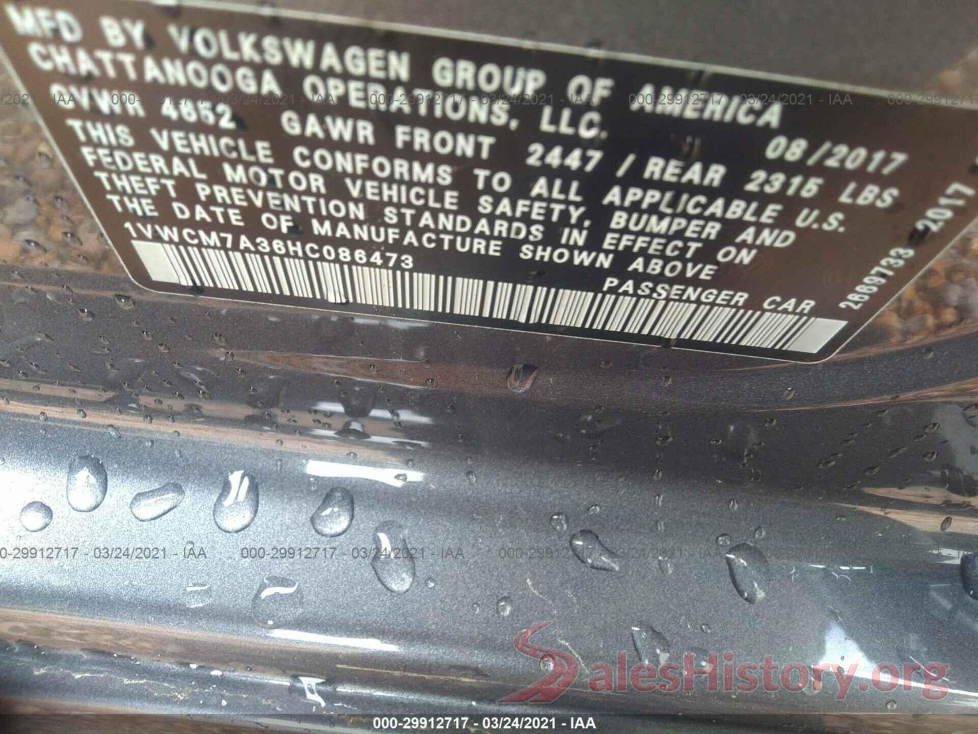 1VWCM7A36HC086473 2017 VOLKSWAGEN PASSAT