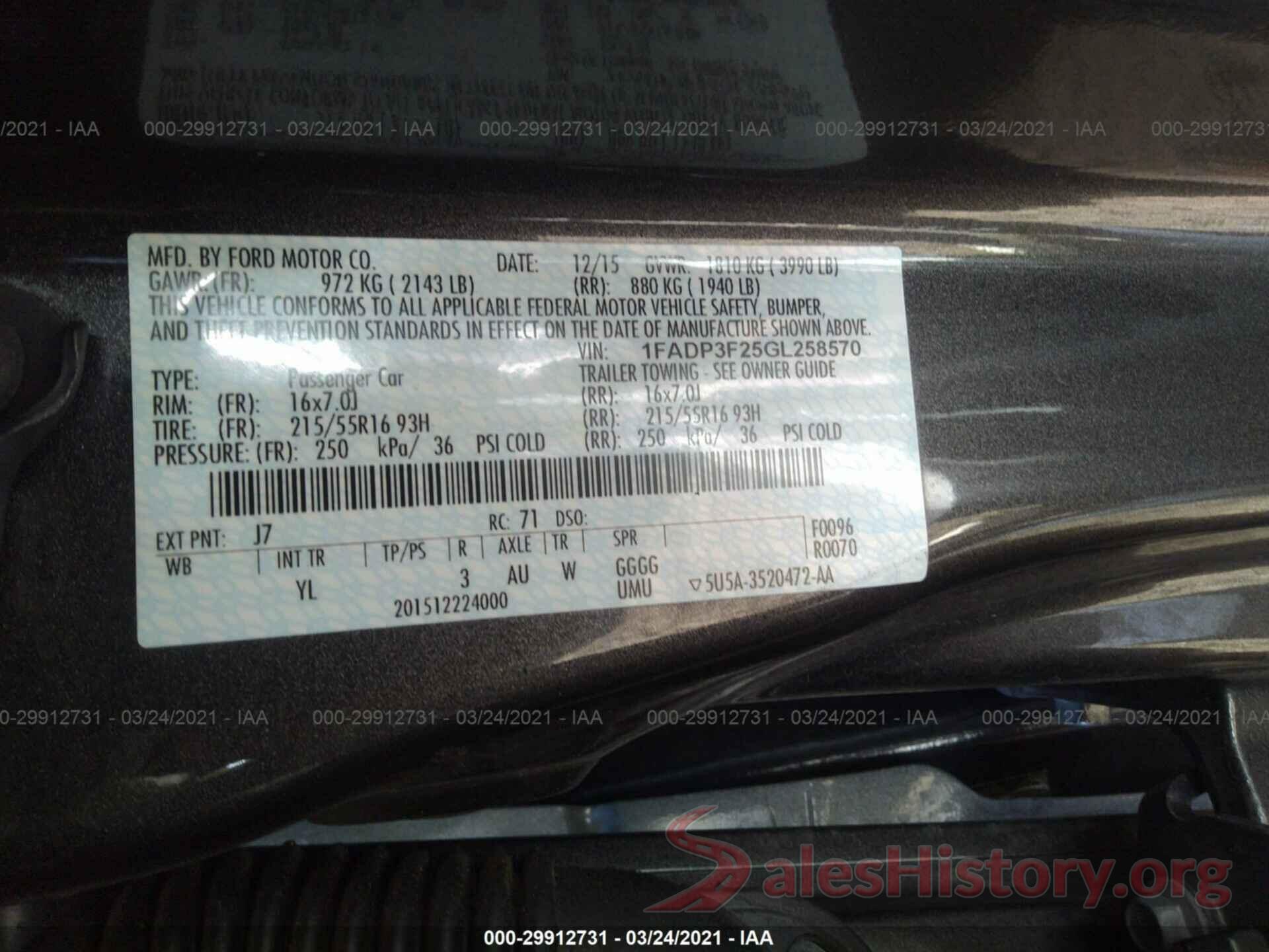 1FADP3F25GL258570 2016 FORD FOCUS